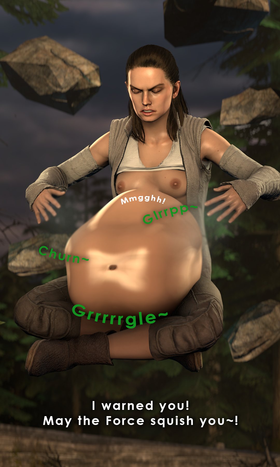 1girls 3d belly big_belly breasts brown_hair cheezycake female female_pred nipples rey same_size_vore star_wars stomach_bulge stomach_noises vore