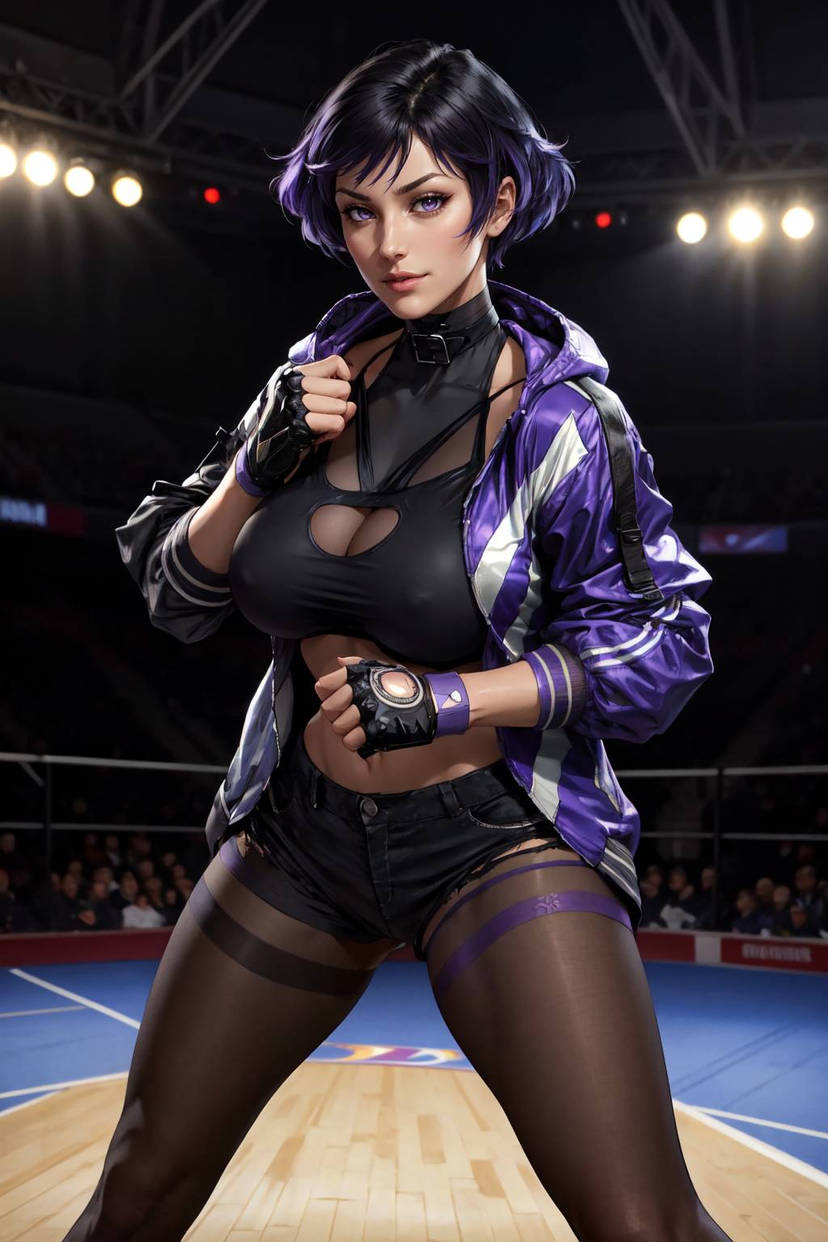 1girls ai_generated athletic_female big_breasts black_and_purple_hair breasts cleavage female_abs fit_female huge_breasts large_breasts lunerae namco reina_mishima short_hair stable_diffusion tekken tekken_8 thick_thighs tomboy wide_hips