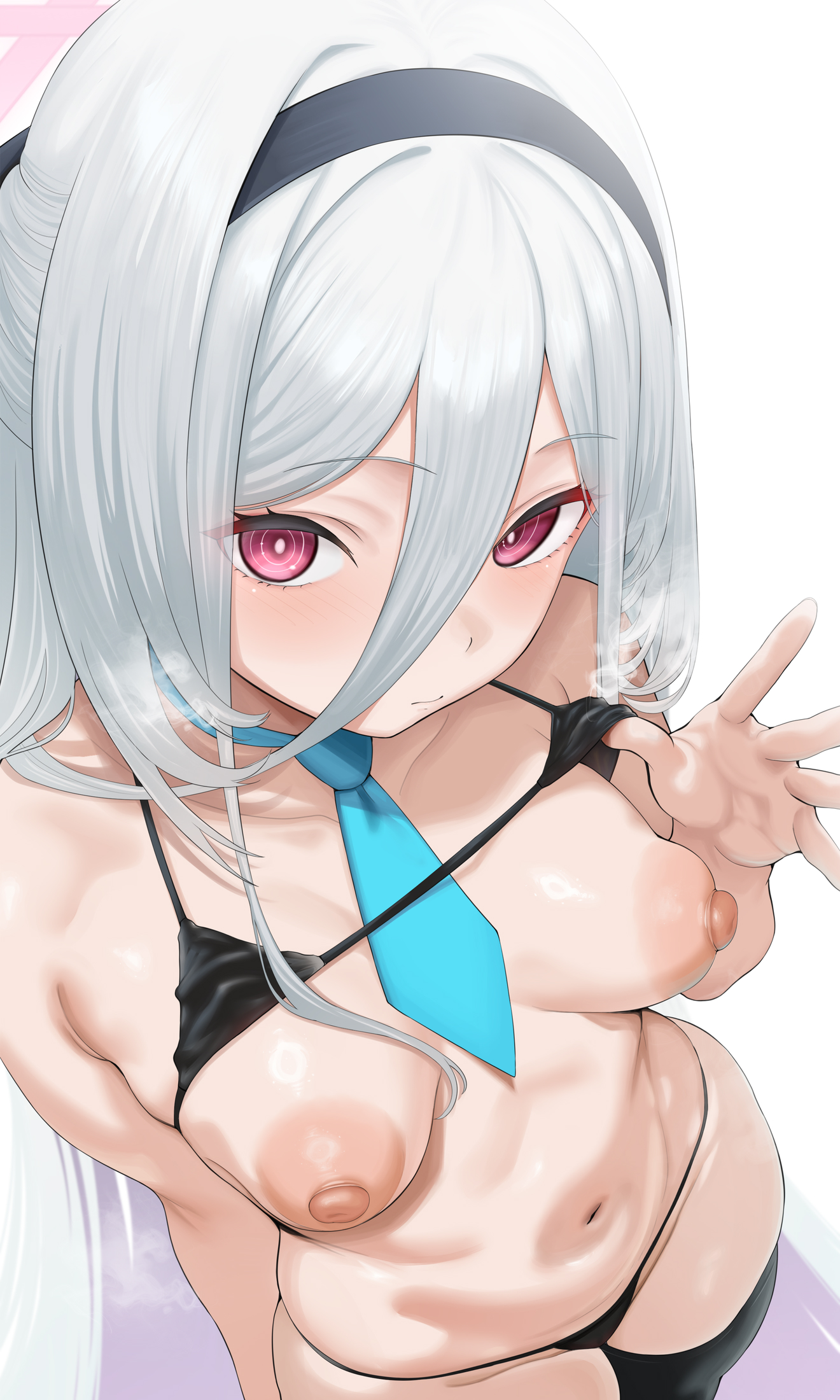 1girls, 2026, 2d (artwork), absurdres, bikini, bikini top lift, black bikini, black hairband, black thighhighs, blue archive, blue necktie, breasts, chomikuplus, closed mouth, clothes lift, commentary request, female, from above, hair between eyes, hairband, halo, highres, kei (blue archive), kei (new body) (blue archive), lifting own clothes, long hair, looking at viewer, navel, necktie, nipples, pink halo, red eyes, small breasts, solo, swimsuit, thighhighs, very long hair, white background, white hair