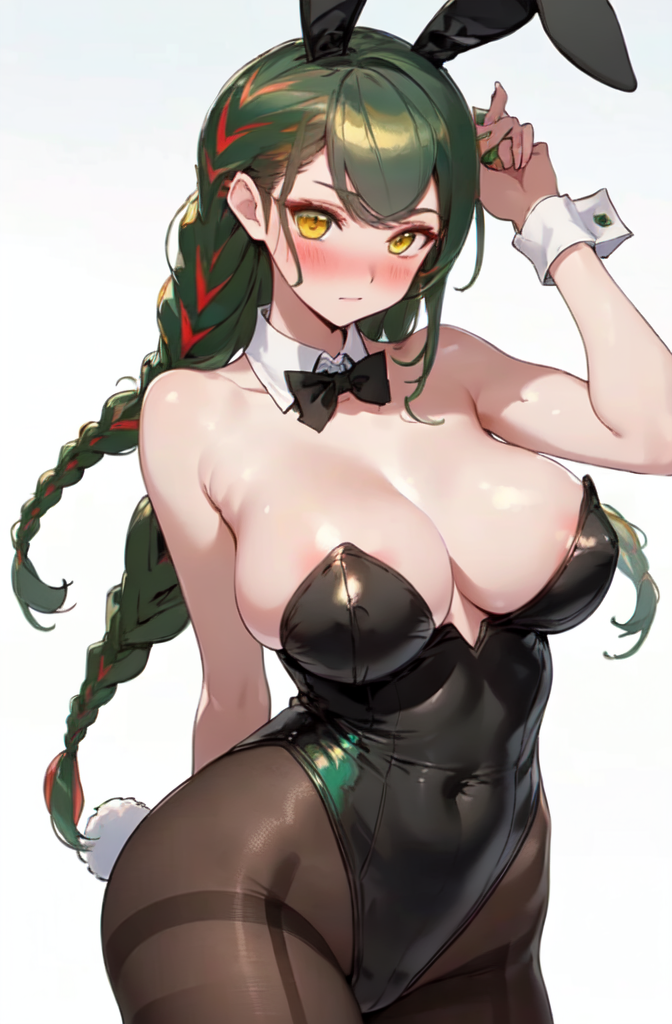 ai_generated big big_breasts blush braided_hair bunnysuit green_hair nutaku pantyhose project_qt shy stockings tiffany_(project_qt) yellow_eyes