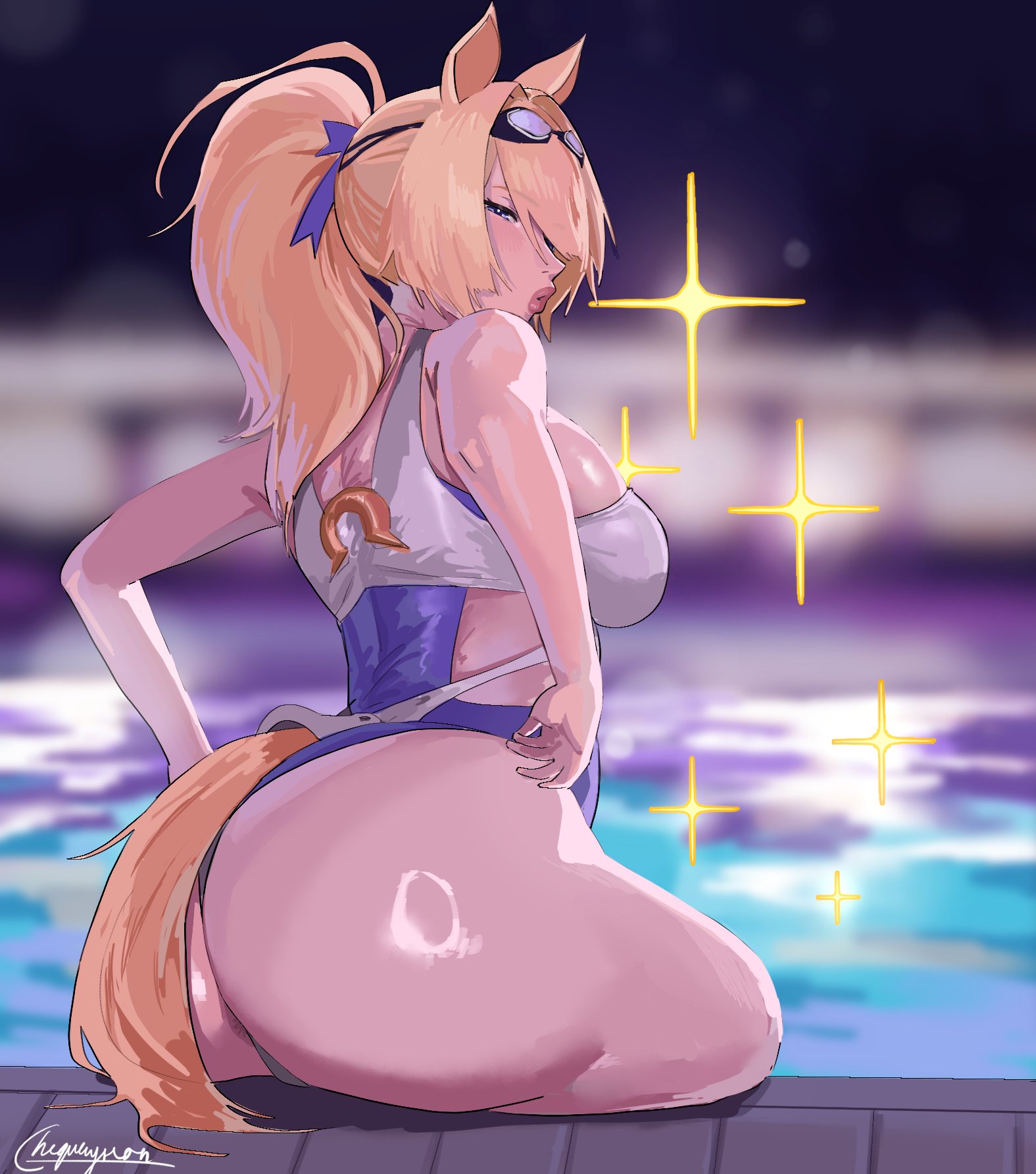 1girl, alternate ass size (larger), animal ears, artist name, ass, blonde hair, blurry, blurry background, breasts, chequ (chequayveon), commentary, english commentary, goggles, goggles on head, high ponytail, highres, horse ears, horse girl, horse tail, huge ass, large breasts, lips, official alternate costume, plump lips, ponytail, pool, poolside, sigrid (zenless zone zero), sigrid de l'azur, sigrid de l'azur (majestic wavechaser), solo, swimsuit, tail, thick thighs, two-tone one-piece swimsuit, zenless zone zero