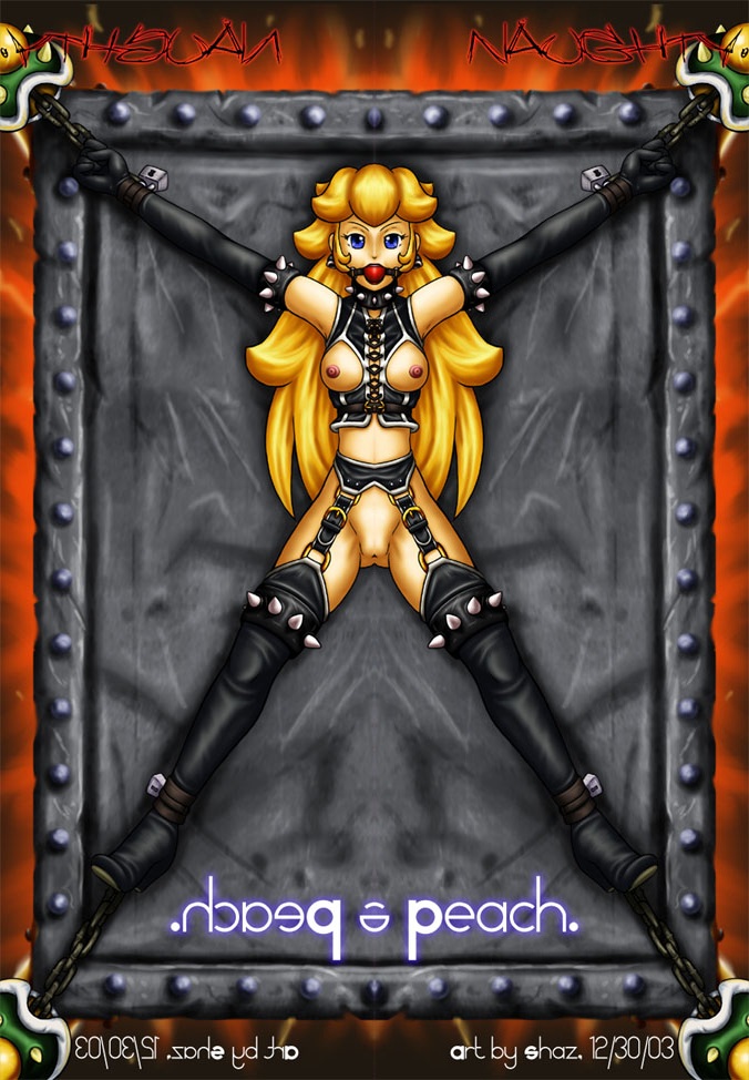 00s 2000s 2003 ball_gag blonde_hair bondage bound_ankles bound_wrists breasts chains collar color exposed_breasts female female_only gag gagged hair helpless human leather long_hair mario_(series) nintendo nipples photoshop princess_peach pussy restrained shaxbert smooth_skin solo super_mario_bros.