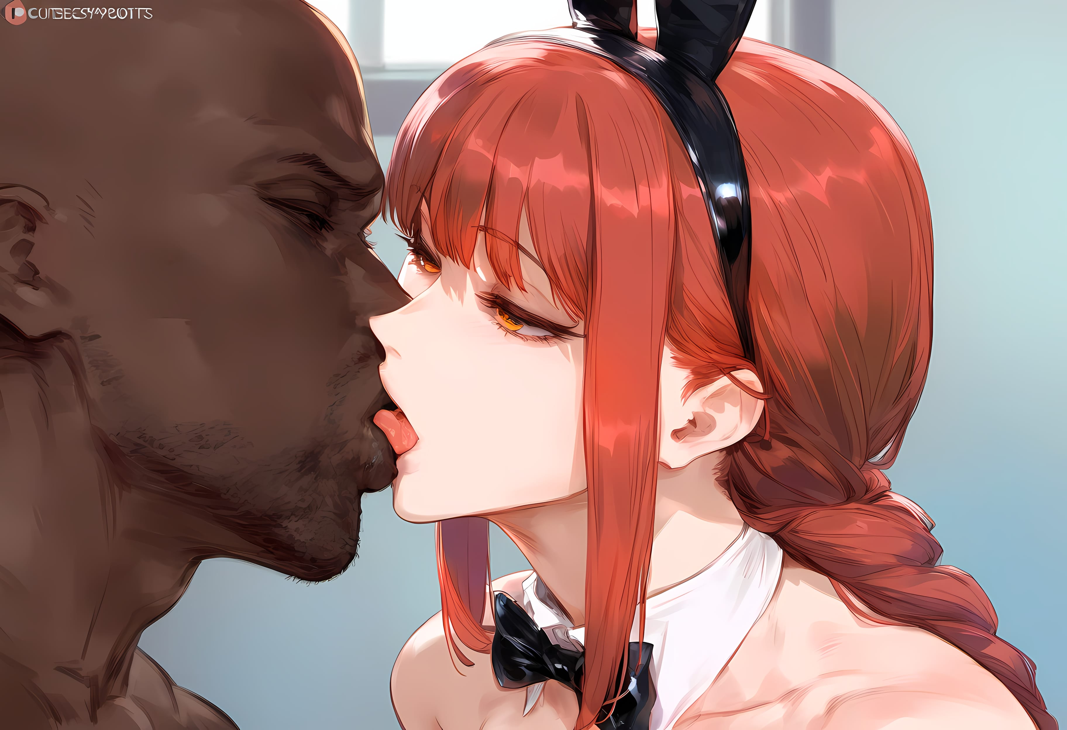 1boy, 1girls, ai generated, animal ears, bald, bangs, bare shoulders, black bow, black bowtie, bow, bowtie, braid, braided ponytail, breasts, bunny ears, chainsaw man, clothing, dark skin, dark-skinned male, detached collar, fake animal ears, fellatio, female, french kiss, hairband, half-closed eyes, interracial, interracial sex, kissing, licking, long hair, looking at another, makima (chainsaw man), male, nakatori, open mouth, oral, orange eyes, penis, playboy bunny, red hair, saliva, sidelocks, straight, tied hair, tongue, tongue out, yellow eyes