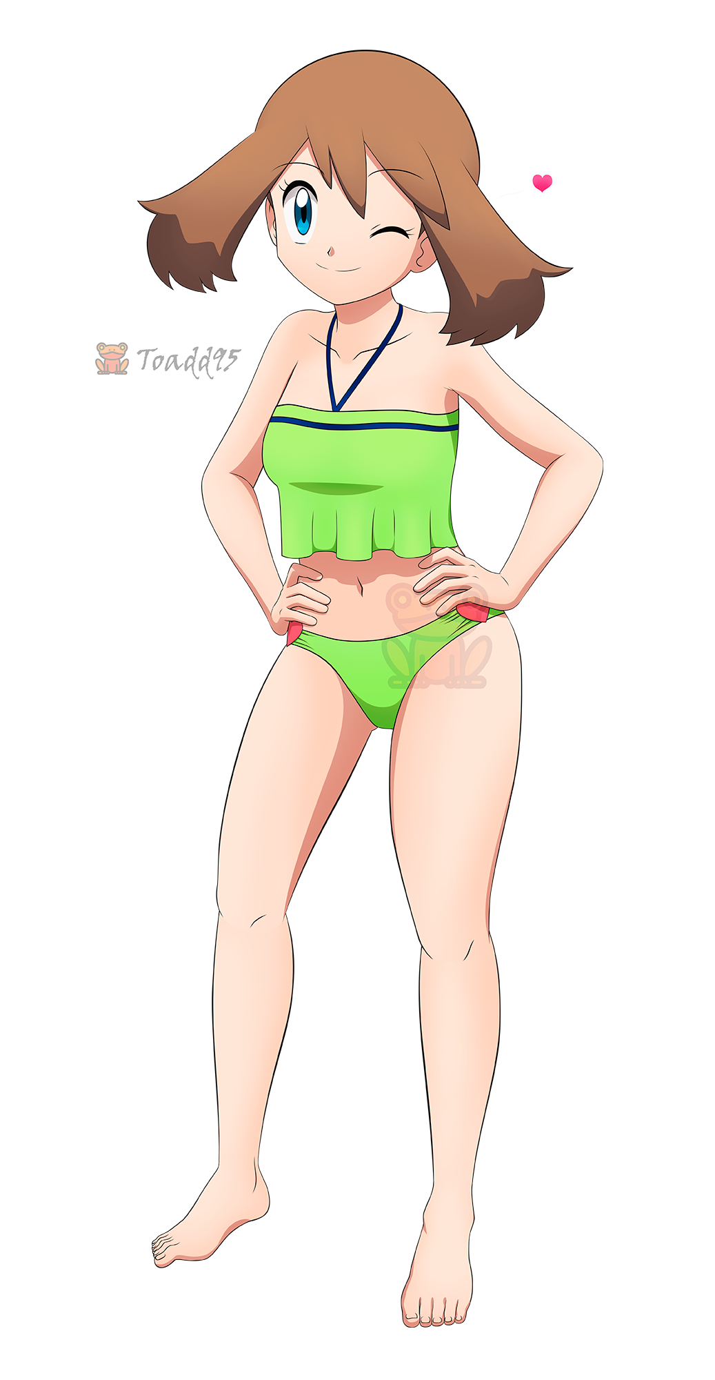 1girls bare_arms bare_legs bare_shoulders bare_thighs belly_button bikini bikini_bottom bikini_top blue_eyes brown_hair female female_only green_bikini green_bikini_bottom green_bikini_top green_swimsuit light-skinned_female light_skin long_hair love_heart love_hearts may_(pokemon) midriff navel not_porn only_female pokemon pokemon_(anime) pokemon_rse safe safe_for_work sfw swimsuit toadd95