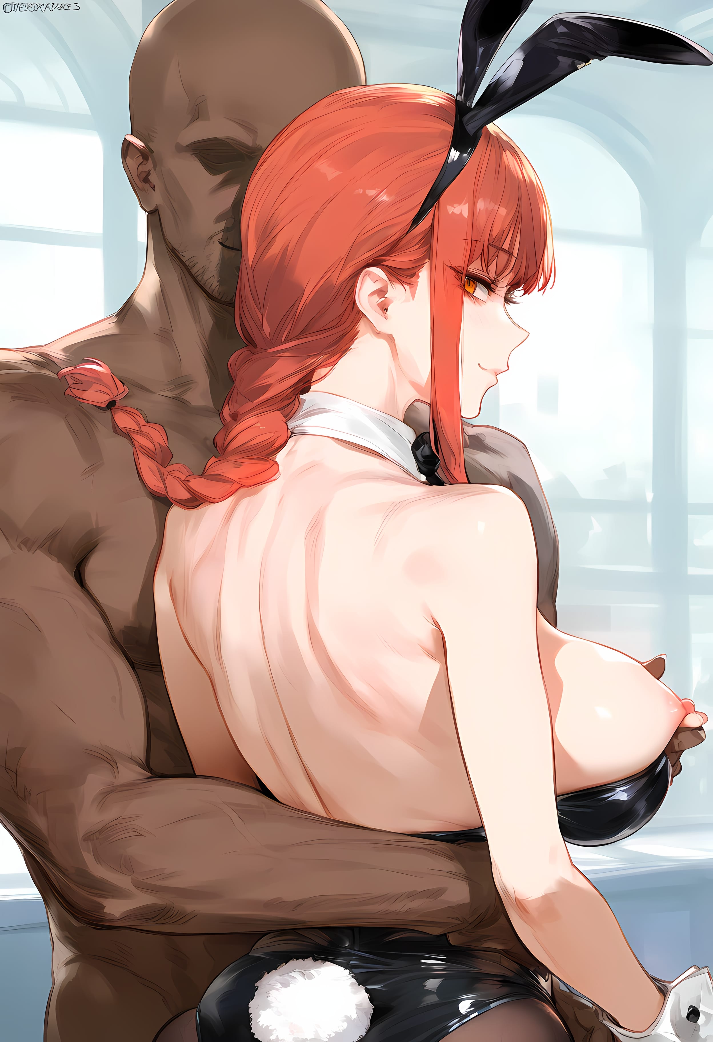 1boy, 1girls, ai generated, animal ears, ass, back, bald, bangs, bare shoulders, black leotard, braid, braided ponytail, breast grab, breasts, brown pantyhose, bunny ears, bunny girl, bunny tail, bunnysuit, chainsaw man, closed mouth, clothing, dark skin, dark-skinned male, detached collar, fake animal ears, fake tail, female, from behind, grabbing, interracial, large breasts, legwear, leotard, long hair, looking at viewer, looking back, looking over shoulder, makima (chainsaw man), male, nakatori, nipple tweak, nipples, nude, orange eyes, pantyhose, playboy bunny, red hair, ringed eyes, sidelocks, smile, straight, tail, tied hair, voluptuous, voluptuous female, wrist cuffs, yellow eyes