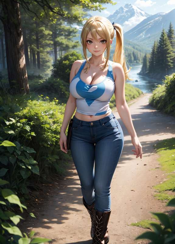 1girls, ai generated, big breasts, blonde female, blonde hair, breasts, crop top, fairy tail, female, female only, hiking, jeans, lucy heartfilia, nature background, nero100, outdoors