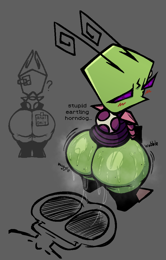 after_facesitting alien alien_humanoid antennae_(anatomy) ass big_butt blush bodily_fluids bottomless butt_jiggle clothed clothing duo english_text female flattened green_body green_skin grey_background huge_butt human humanoid humor invader_zim irken jiggling long_antennae male male/female mammal nanodude78 nickelodeon onomatopoeia post-it_note purple_eyes question_mark rear_view simple_background smile sound_effects sweat sweat_string sweatdrop sweaty_butt tak_(invader_zim) text