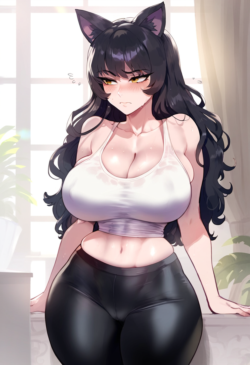 1girls ai_generated animal_ears black_hair blake_belladonna blush breasts curvy curvy_figure gym_uniform large_breasts ldoe_art midriff navel rwby tagme tank_top thiccwithaq_(ai_style) yellow_eyes yoga_pants