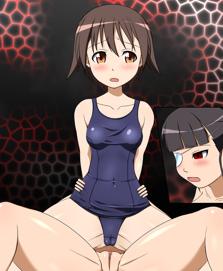 blush breasts cameltoe censored cleavage eye_patch female kuribayashi_chris miyafuji_yoshika multiple_girls one-piece_swimsuit pussy sakamoto_mio small_breasts strike_witches swimsuit yuri