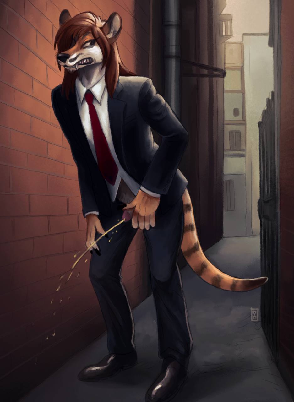 2023 alley anthro black_business_suit bodily_fluids brick_wall business_suit clothed clothing countershading dasyuromorph digital_media_(artwork) dress_shoes extinct fur genital_fluids genitals hair hi_res jesu_cito male male_only mammal marsupial necktie orange_body orange_fur partially_clothed peeing penis recently_extinct_species red_hair red_necktie solo stripes suit tail thylacine urinating urinating_male urination urine wall_(structure) watersports white_dress_shirt