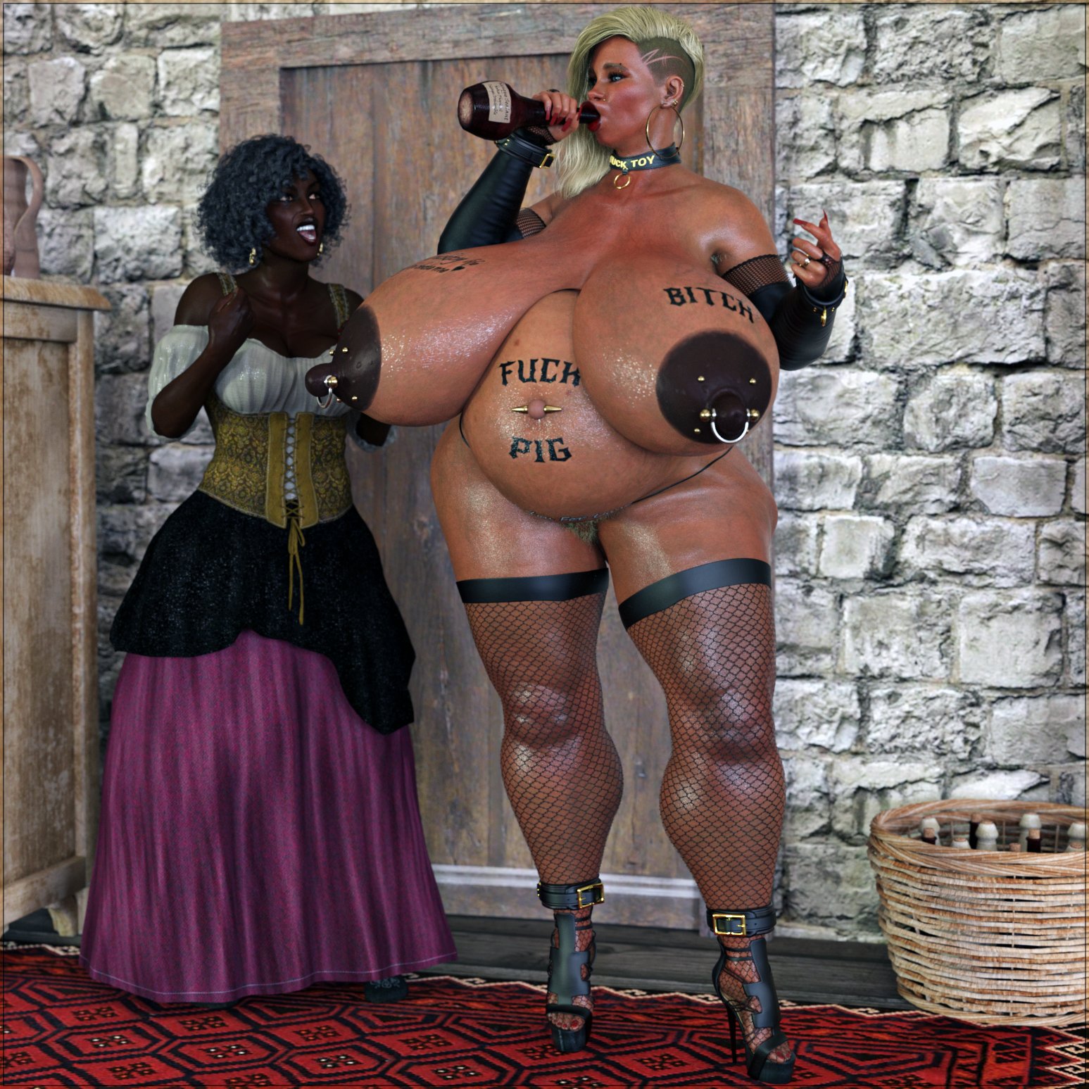 2girls, 3d, belly, big belly, big breasts, body writing, breasts, collar, dark skin, dark-skinned female, female, fishnets, huge breasts, karin (mark volk), light skin, light-skinned female, mark volk, nipple piercing, nipples, piercing, pregnant, solo focus, xalynne blackblade