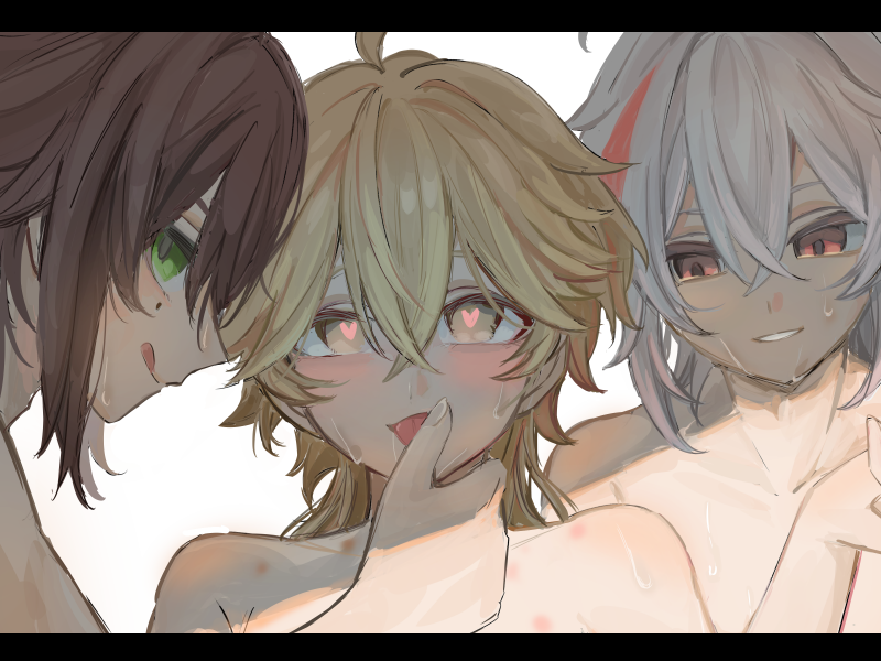 3boys aether_(genshin_impact) bishounen bite_mark boy_sandwich brown_hair close-up commentary_request genshin_impact green_eyes group_sex hair_between_eyes heart heart-shaped_pupils kaedehara_kazuha kawawawawa looking_at_viewer male_focus mmm_threesome multicolored_hair multiple_boys sandwiched shikanoin_heizou simple_background sweat symbol-shaped_pupils teeth threesome upper_body white_background yaoi