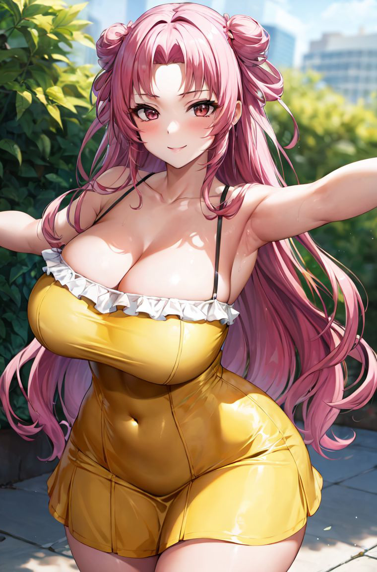 ai_generated bare_legs big_breasts curvaceous curvy_female hair_bun huge_breasts large_breasts lastone light-skinned_female light_skin long_hair looking_at_viewer massive_breasts pink_eyes pink_hair seikon_no_qwaser solo_female thick_thighs thighs tsujidou_miyuri voluptuous voluptuous_female yellow_dress