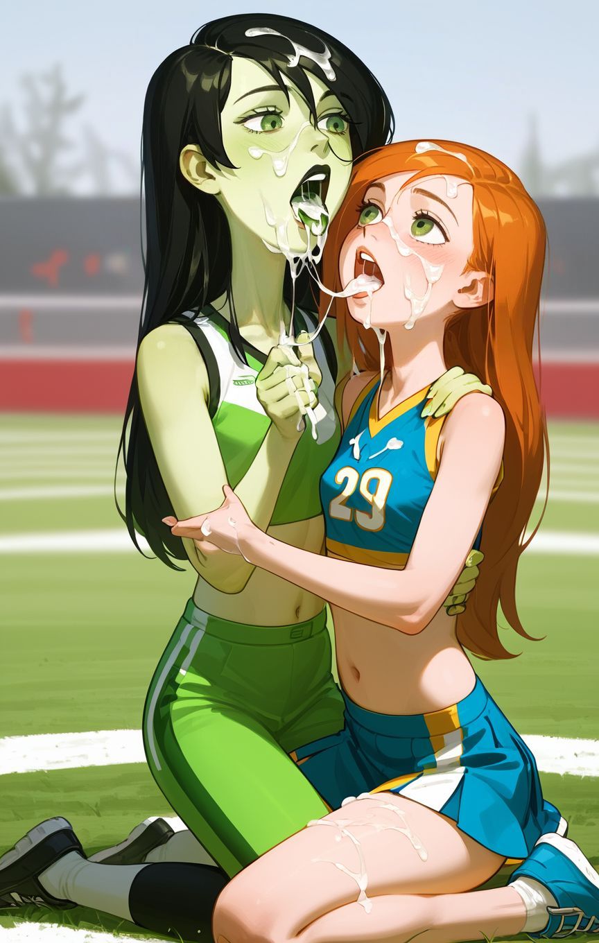 2girls ai_generated ai_hands bare_shoulders black_hair blue_skirt blurry blurry_background blush breasts bukkake cheerleader clothing colored_skin contentious_content crop_top cum_in_mouth cum_on_face facial female female_only footwear green_eyes green_pants green_skin hand_on_another's_hip hand_on_another's_shoulder high_resolution human kim_possible kimberly_ann_possible kneeling limited_visibility long_hair looking_at_another looking_at_viewer marimull midriff miniskirt multiple_girls navel open_mouth orange_hair outdoors pants pleated_skirt semen semen_in_mouth semen_on_body semen_on_breasts semen_on_chest semen_on_hair semen_on_tongue semen_on_upper_body shego shirt shoes sitting skirt sneakers socks sportswear teeth tongue tongue_out upper_teeth upper_teeth_only yuri