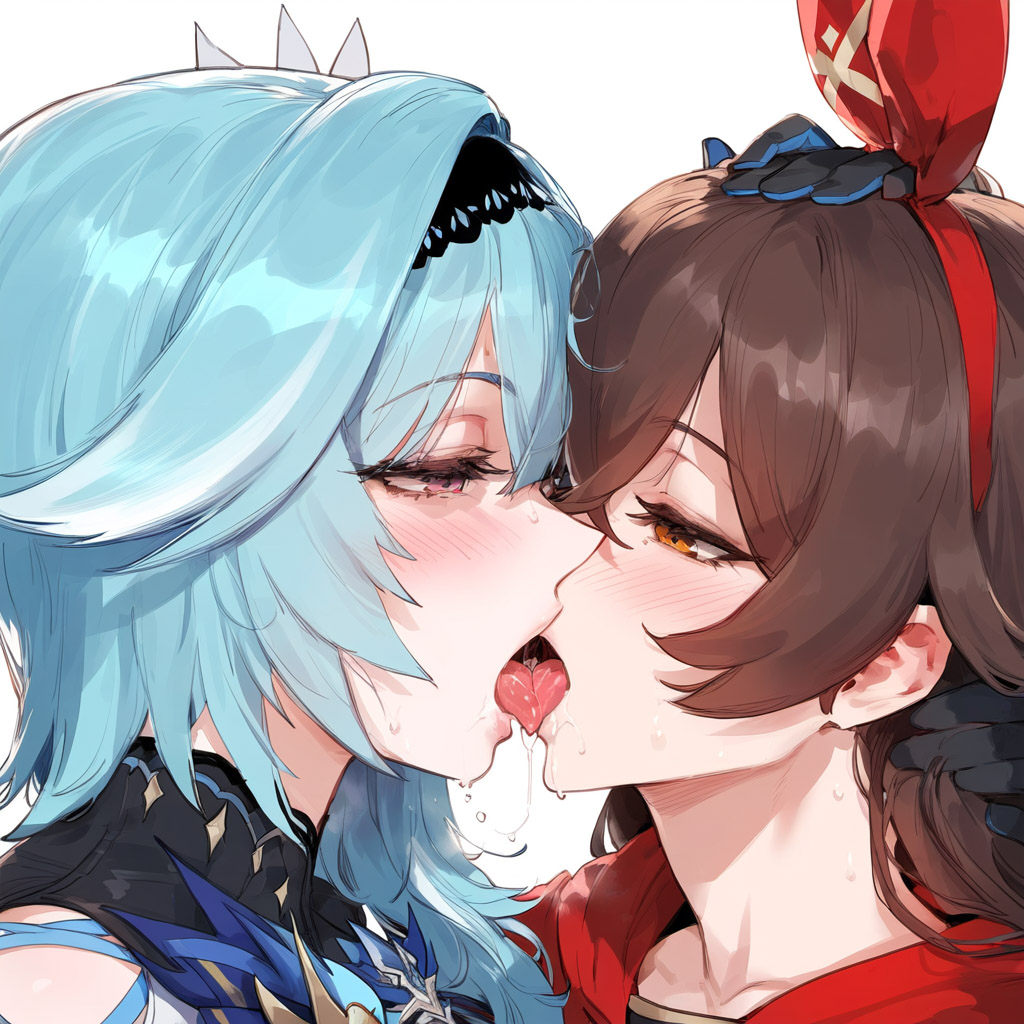 1girls, 2girls, ai generated, amber (genshin impact), ambereula, depressu, eula (genshin impact), female, genshin impact, kissing, yuri