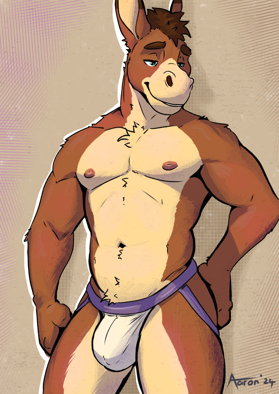 aaron_pictus anthro anthro_only areola asinus bedroom_eyes big_bulge biped brown_body brown_fur brown_hair bulge casual_clothing clothed clothing donkey equid equine eyebrows fur hair hi_res jockstrap jockstrap_only male male_anthro mammal muscular muscular_anthro muscular_male narrowed_eyes navel nipples pecs pinup pose seductive smile solo tan_body tan_fur teal_eyes topless topless_anthro topless_male underwear underwear_only