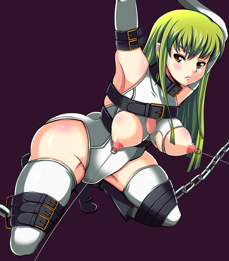 armpits arms_up belt blush body_blush bodysuit bondage breasts c.c. chains code_geass collar elbow_gloves female gloves green_hair long_hair nimo nipple_piercing nipples piercing sexy_armpits solo squat squatting thighhighs torn_clothes white_legwear white_thighhighs