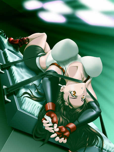 arms up, bondage, breasts, brown eyes, brown hair, female, female only, final fantasy, final fantasy vii, human, large breasts, s zenith lee, scared, skirt, smooth skin, solo, strap, strapped down, straps, tifa lockhart, torture