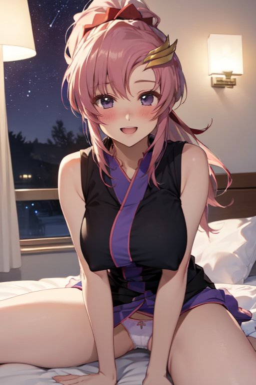 1female 1girls ahoge ai_generated bangs bed bedroom commentary_request english_commentary female female_only gundam gundam_seed gundam_seed_freedom hd hi_res high_resolution highres indoors lacus_clyne lamp light-skinned_female light_skin looking_at_viewer panties room solo solo_female tied_hair