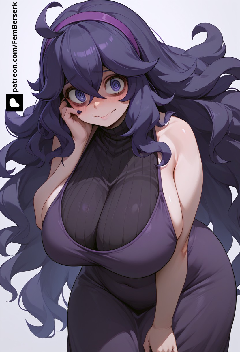 1girls @_@ ai_generated artist_name big_ass big_breasts big_thighs blush curvy_body curvy_figure dress femberserk hair_band hex_maniac large_breasts long_hair patreon pokemon purple_hair shiny_skin smile voluptuous