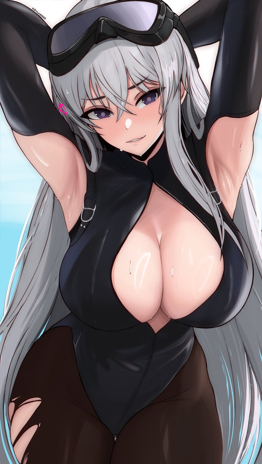 1girls armpits azur_lane boob_window diving_suit edmun enterprise_(azur_lane) enterprise_(diving_under_blue_skies)_(azur_lane) purple_eyes ripped_clothing solo_female sweat unzipped white_hair