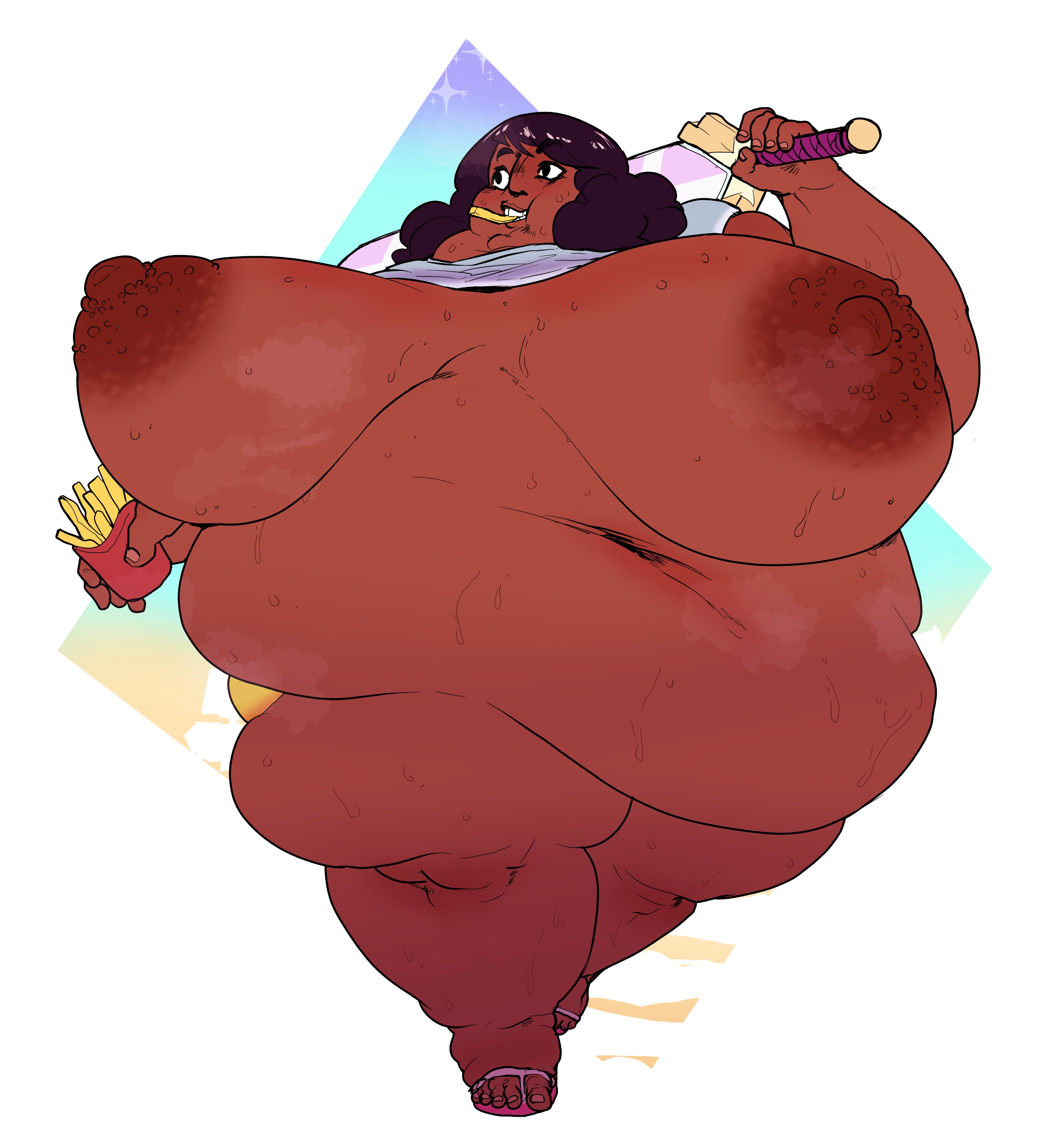 1girls, aged up, areolae, bbw, belly, big belly, big breasts, black hair, breasts, connie maheswaran, dark skin, dark-skinned female, eating, fat, fat belly, fat female, female, food, glenngarth, huge belly, huge breasts, indian, indian female, morbidly obese, nipples, obese, overweight, solo, solo female, ssbbw, steven universe, sweat, sword, thick thighs, thunder thighs, wardrobe malfunction, wide hips