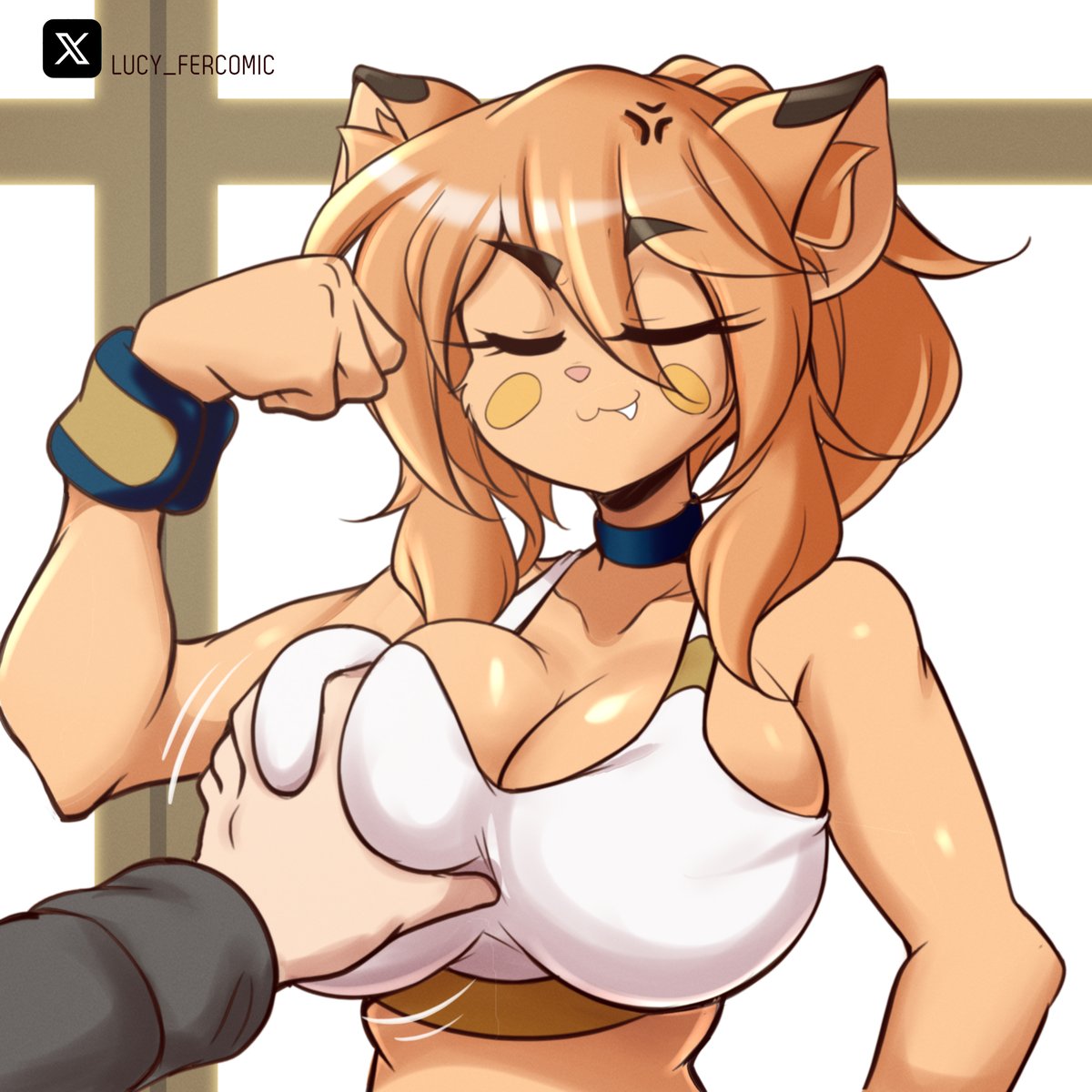 1girls ambiguous_gender anthro artist_name big_breasts breast_grab breasts cheek_tuft choker cleavage closed_eyes cute_fang ear_tuft female flexing furry goya_(lucyfercomic) huge_breasts lucyfercomic original roy_(lucyfercomic) shiny_skin smile smug tagme vein