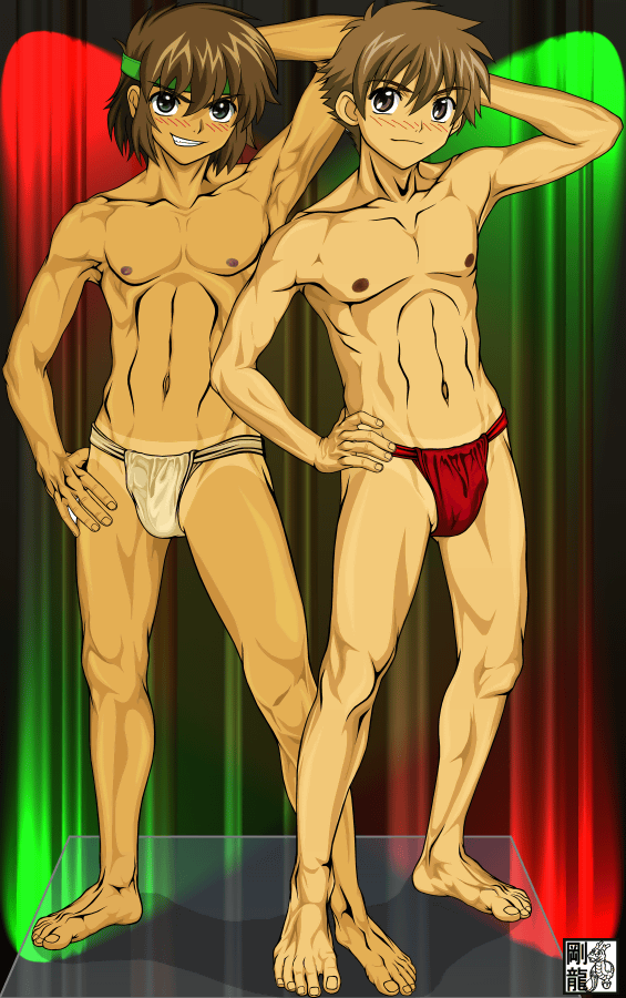 2boys blush crossover dark_nipples fundoshi gouryu headband male male_only multiple_boys muscle nipples red_underwear ryu-oh skin_contrast stripper syaoran_li tanline teen_boy tsubasa_chronicle underwear white_underwear