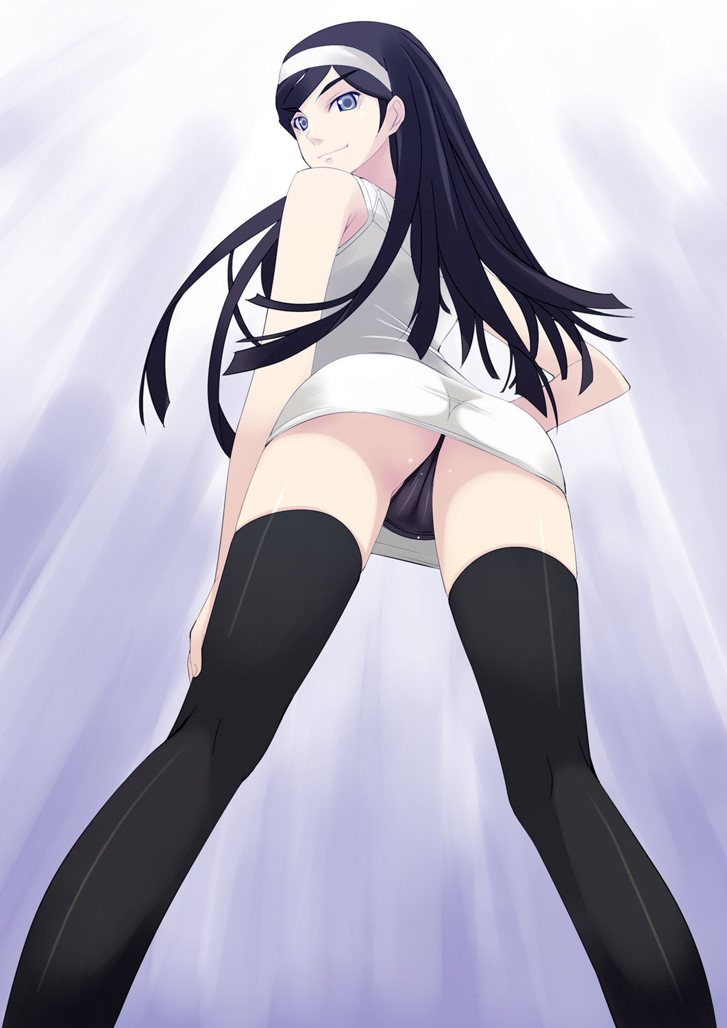black hair, blue eyes, blush, cameltoe, clothing, dress, female, from behind, from below, hairband, highres, kumashiro maya, long hair, looking back, murakami suigun, occult academy, panties, pussy, seikimatsu occult gakuin, smile, solo, thighhighs, thong, underwear, upskirt