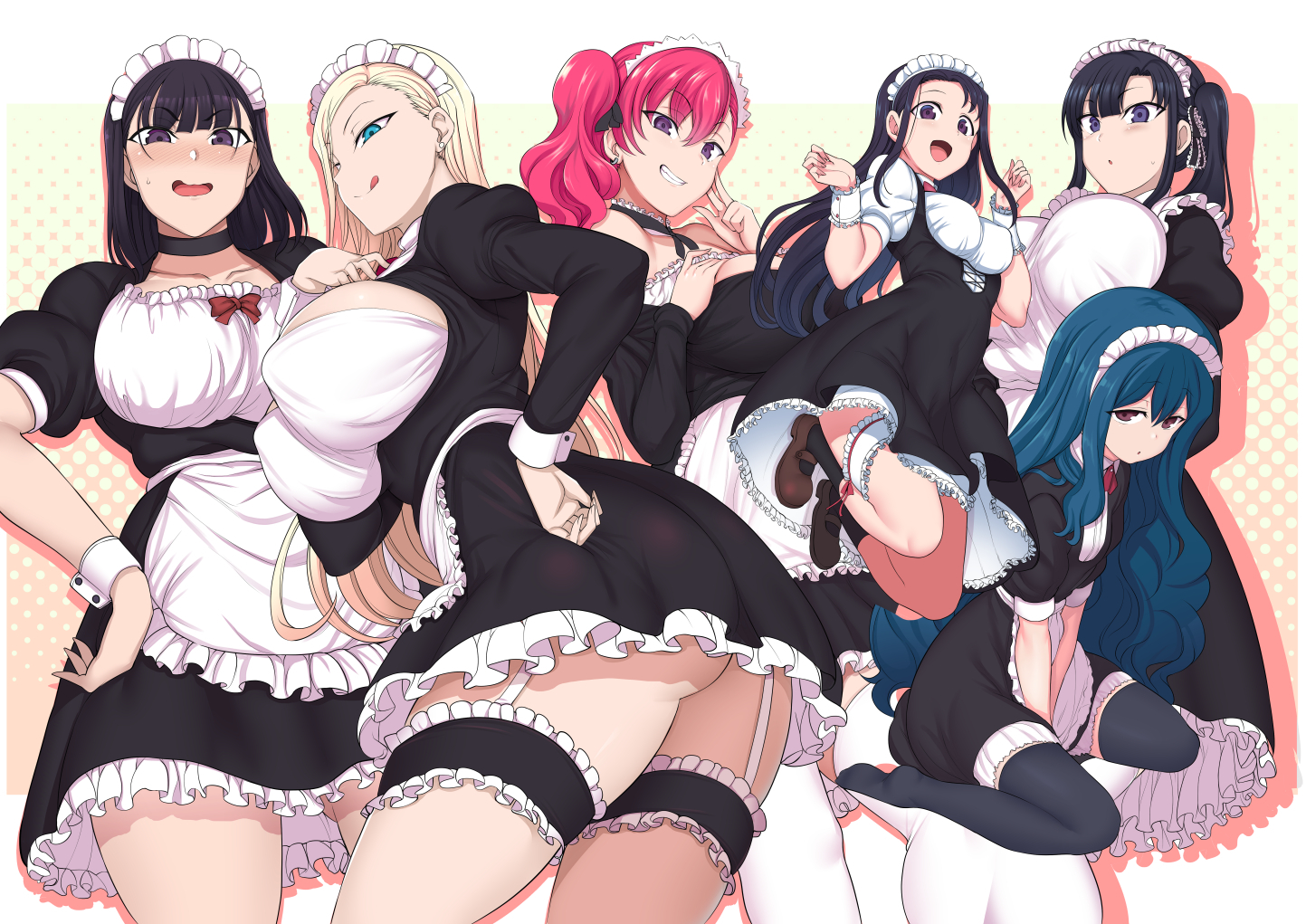 6+girls, aiue oka, apron, ass, black hair, black legwear, blonde hair, blue eyes, blue hair, blush, breasts, earrings, female, female only, garter straps, hand on own hip, jewelry, kurashiki reina, large breasts, licking lips, long hair, maid, maid headdress, maid uniform, miyajima sakura, multiple girls, nozaki yuu, open mouth, purple eyes, red hair, saimin seishidou, sakagami haruno, side ponytail, smile, tagme, takamine misao, teen, teenage girl, teenager, thighhighs, tongue, tongue out, tsushima rina, uniform, upskirt, wavy mouth, white legwear, wrist cuffs