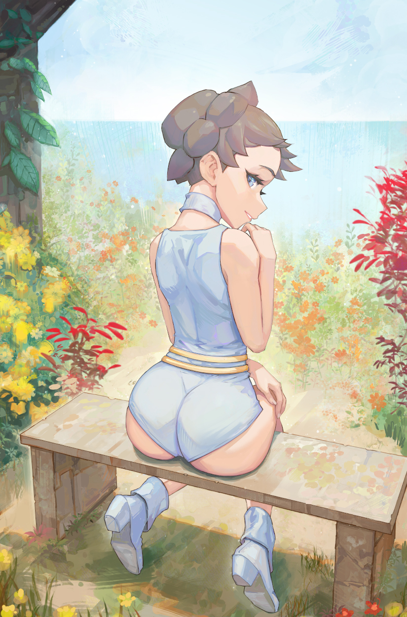 1girls 2024 ass bench blue_eyes bodysuit brown_hair choker creatures_(company) diantha_(pokemon) flower full_body game_freak hi_res high_heels looking_at_viewer looking_back nature nintendo ocean outdoors parted_lips pokemon pokemon_(game) pokemon_champion pokemon_xy seaside shoes short_hair sitting skin_tight sky sleeveless smile solo tied_hair yugen99