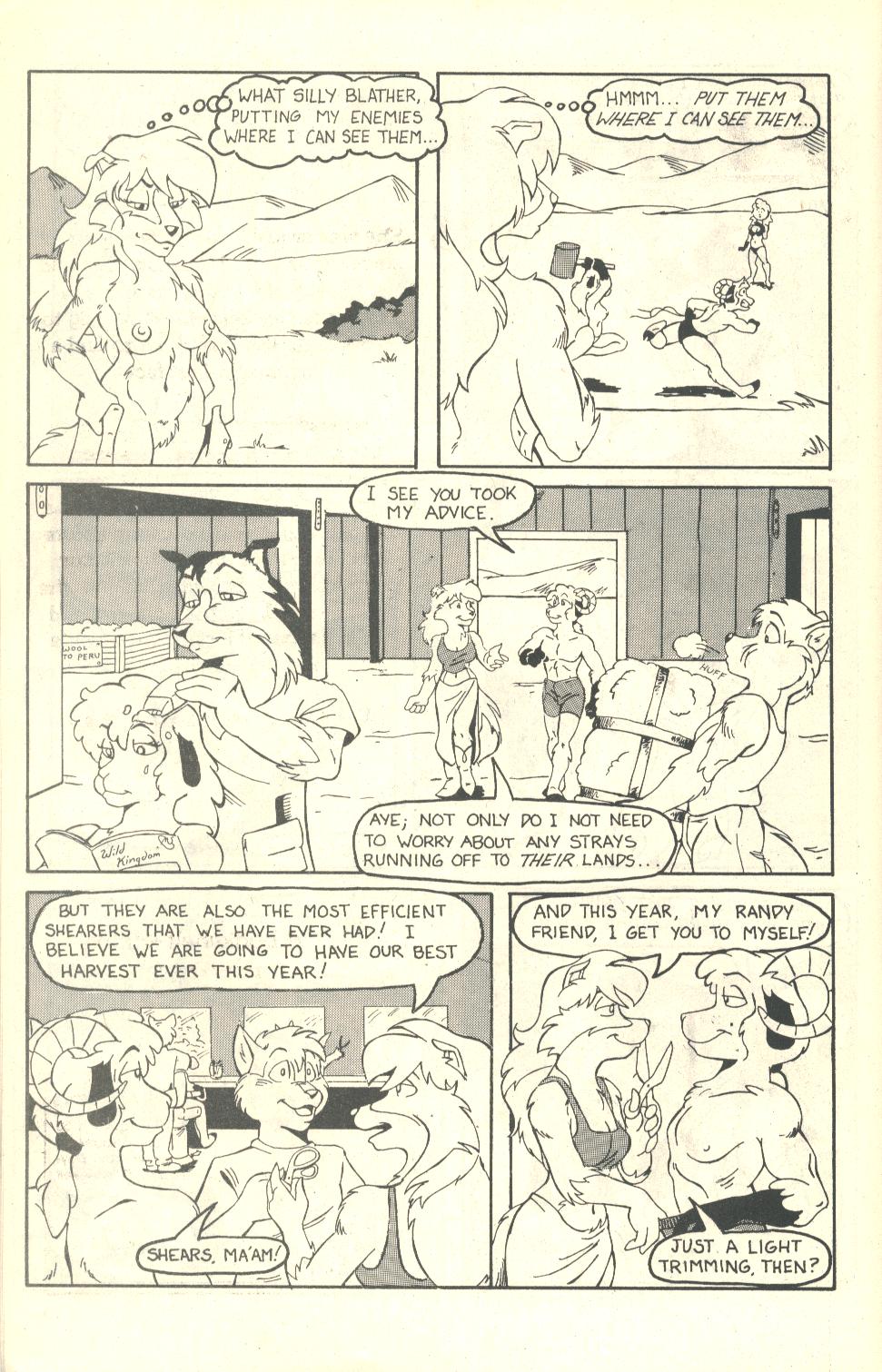 angry anthro barn bedroom_eyes bikini bovid breasts canid canine canis caprine chasing clothed_male clothing clothing_theft collie comic dialogue domestic_dog dressing electric_shaver ethan_reese-whiting female fur group hammer herding_dog hi_res magazine male male/female mammal monochrome narrowed_eyes nipples pastoral_dog pubes public public_nudity rough_collie scissors scottish seductive shaving shearing shears sheep sheepdog speedo stealing swimwear tools wolf wool_(fur)