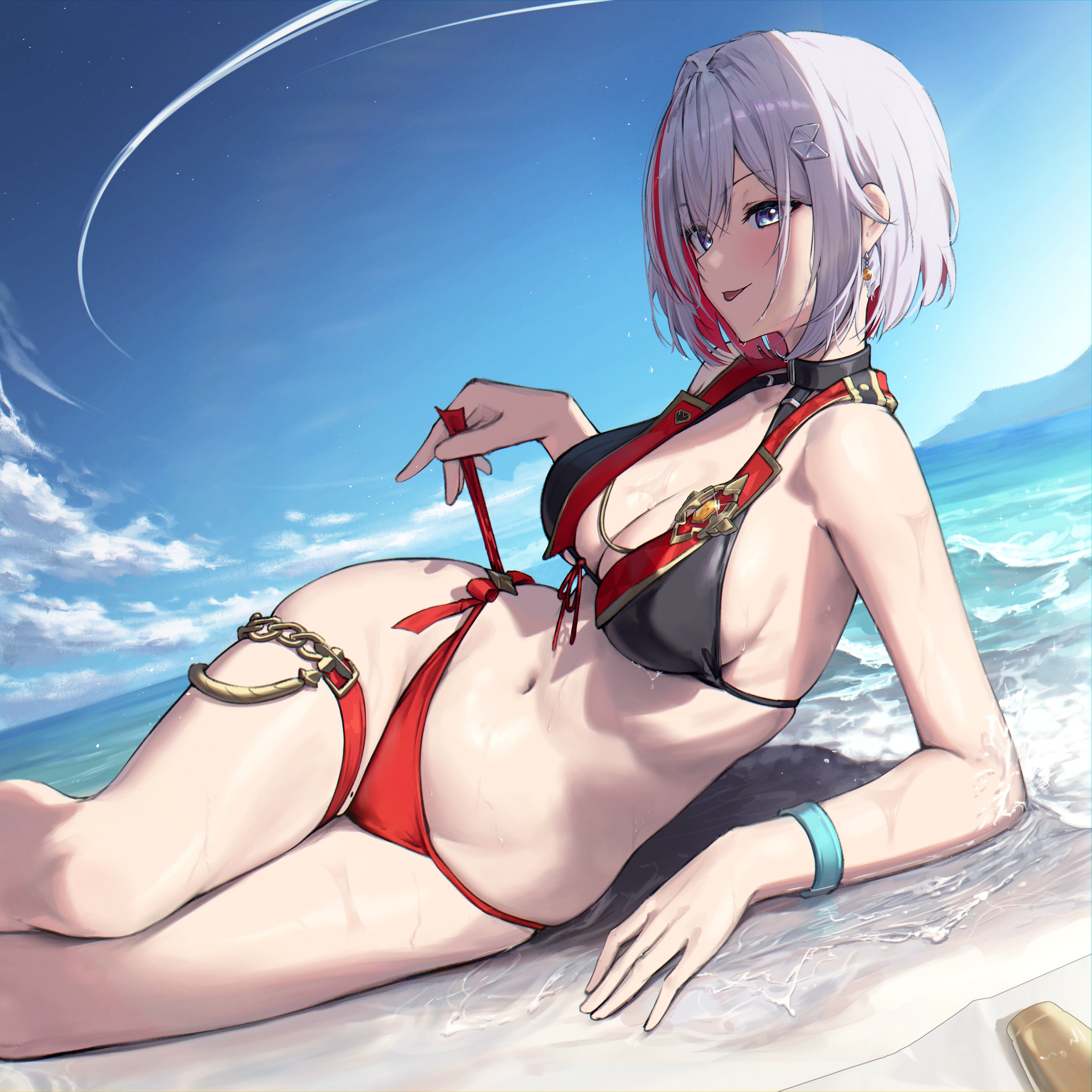 :p, beach, bikini, breasts, facing away, female, honkai: star rail, medium breasts, pulled by self, reclining, ribs, swimsuit, topaz (honkai: star rail)