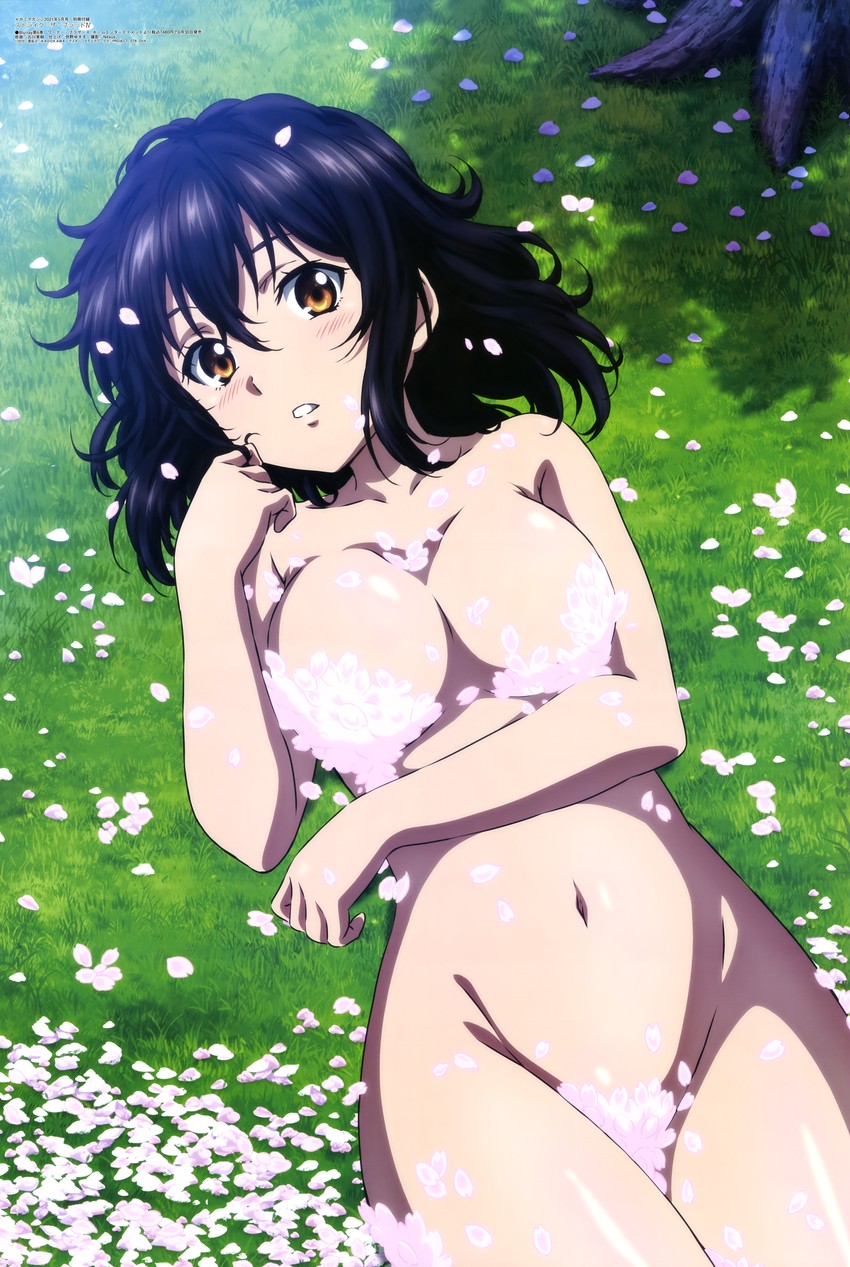 bare_arms bare_belly bare_legs bare_shoulders bare_thighs belly_button big_breasts black_hair blush breasts censored_nipples cherry_blossoms collarbone completely_nude convenient_censoring from_above grass himeragi_yukina lying megami_magazine navel nude official_art on_back open_mouth orange_eyes parted_lips petals short_hair strike_the_blood thighs