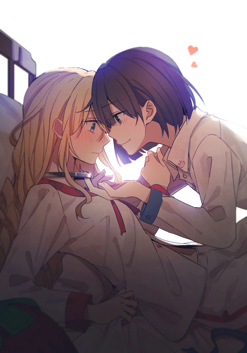 2girls blonde_hair blue_eyes blush bondage_cuffs brown_hair canon_couple claire_francois female female/female female_focus female_only implied_sex lesbian_couple long_hair multiple_girls nervous pajamas purple_eyes rae_taylor romantic romantic_couple short_hair smile smiling_at_partner watashi_no_oshi_wa_akuyaku_reijou yuri