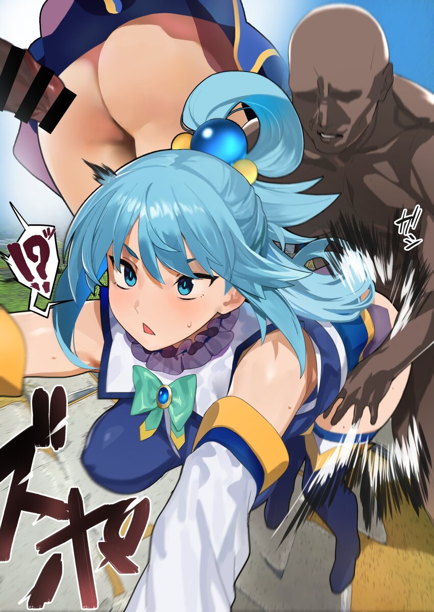 1boy 1girls aqua_(konosuba) blue_eyes blue_hair blue_high_heel_boots blush censored cleavage clothed_sex confused dark-skinned_male deep_penetration female footwear goddess hanging_breasts kono_subarashii_sekai_ni_shukufuku_wo! large_breasts light-skinned_female long_hair long_sleeves male miniskirt nipples open_mouth penis ponytail sex sex_from_behind sidelocks sleeves_past_elbows sweat white_legwear white_sleeves white_stockings zikataro