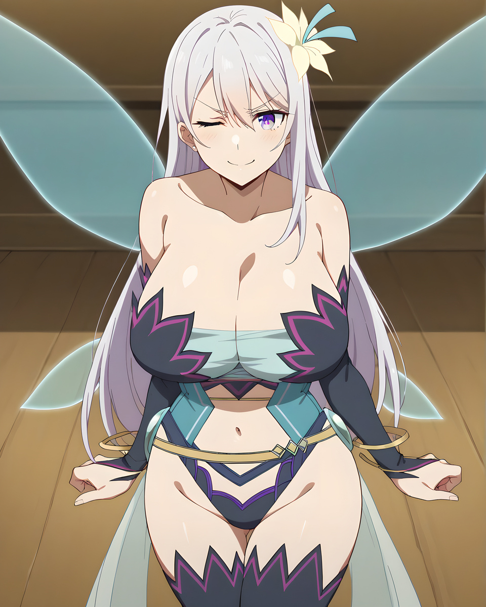 ai_generated bare_legs big_breasts curvaceous curvy_female fairy fairy_wings huge_breasts huge_thighs kisaragi_reona kyuukyoku_shinka_shita_full_dive_rpg_ga_genjitsu_yori_mo_kusoge_dattara large_breasts light-skinned_female light_skin long_hair looking_at_viewer massive_breasts one_eye_closed panties purple_eyes smiling subaruarm thick_body thick_female thick_thighs thighs voluptuous voluptuous_female white_hair