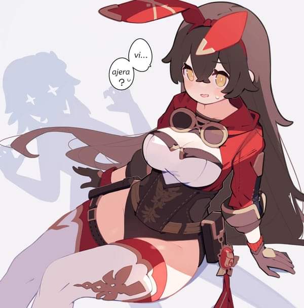 2girls, amber (genshin impact), breasts, brown hair, bunny ears, female, female only, genshin impact, gold eyes, hoyoverse, imminent rape, lumine (genshin impact), multiple females, multiple girls, spanish text