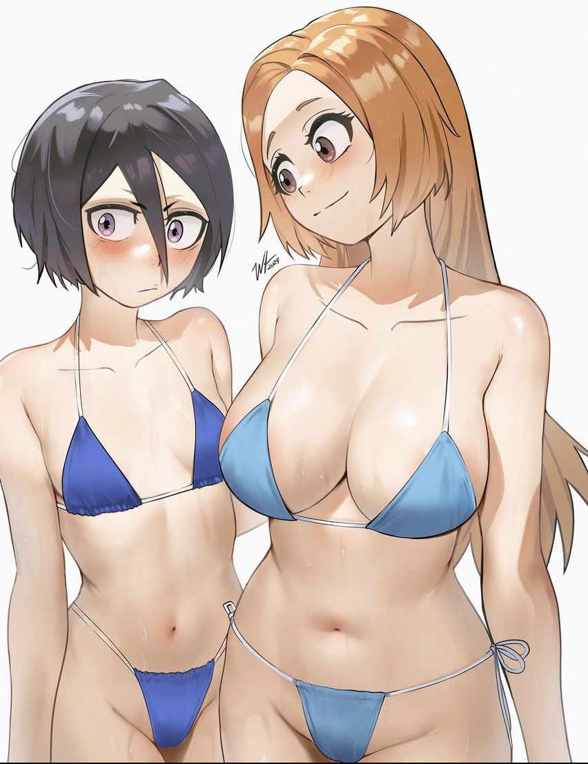 2girls big_breasts black_hair bleach blush female female_only ginger_hair hand_on_back inoue_orihime kuchiki_rukia multiple_girls small_breasts smiling waligner