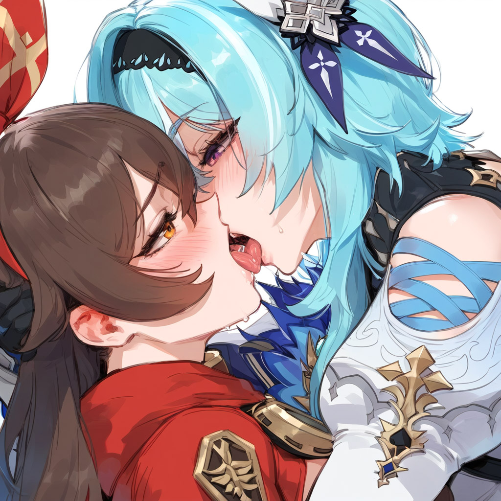 1girls, 2girls, ai generated, amber (genshin impact), animal ears, bangs, bare shoulders, blue hair, blush, breasts, brown eyes, brown hair, depressu, eula (genshin impact), eyebrows visible through hair, female, french kiss, genshin impact, hair ornament, hat, kissing, lesbian kiss, long hair, open mouth, saliva, tongue, yellow eyes, yuri