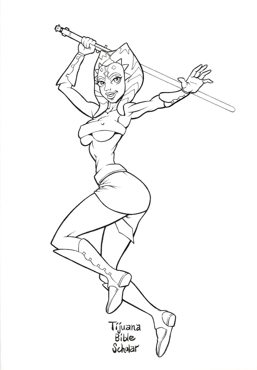 1girls 2014 ahsoka_tano big_breasts breasts female lightsaber nipple_bulge solo star_wars tijuanabiblescholar underboob