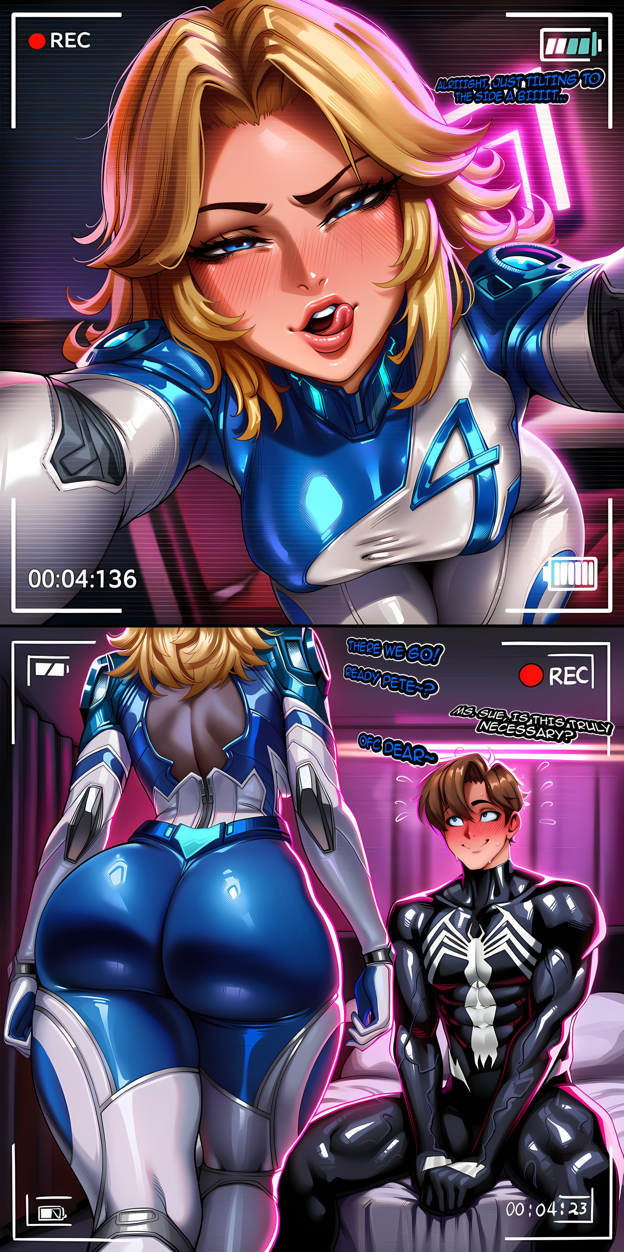 2 panel comic, ai, ai art, ai assisted, ai generated, ai-created, blonde, blonde female, blonde hair, blonde hair female, blonde-haired female, blue eyes, blue eyes female, brown hair, brown hair male, clothed, clothed female, clothed male, clothing, english, english text, female, invisible woman, invisible woman (marvel rivals), light skin, light-skinned female, light-skinned male, male, male/female, marvel, marvel comics, marvel rivals, peter parker, recording, recording video, renz3n, spider-man, spider-man (marvel rivals), straight, sue storm, symbiote, symbiote suit, text, tongue