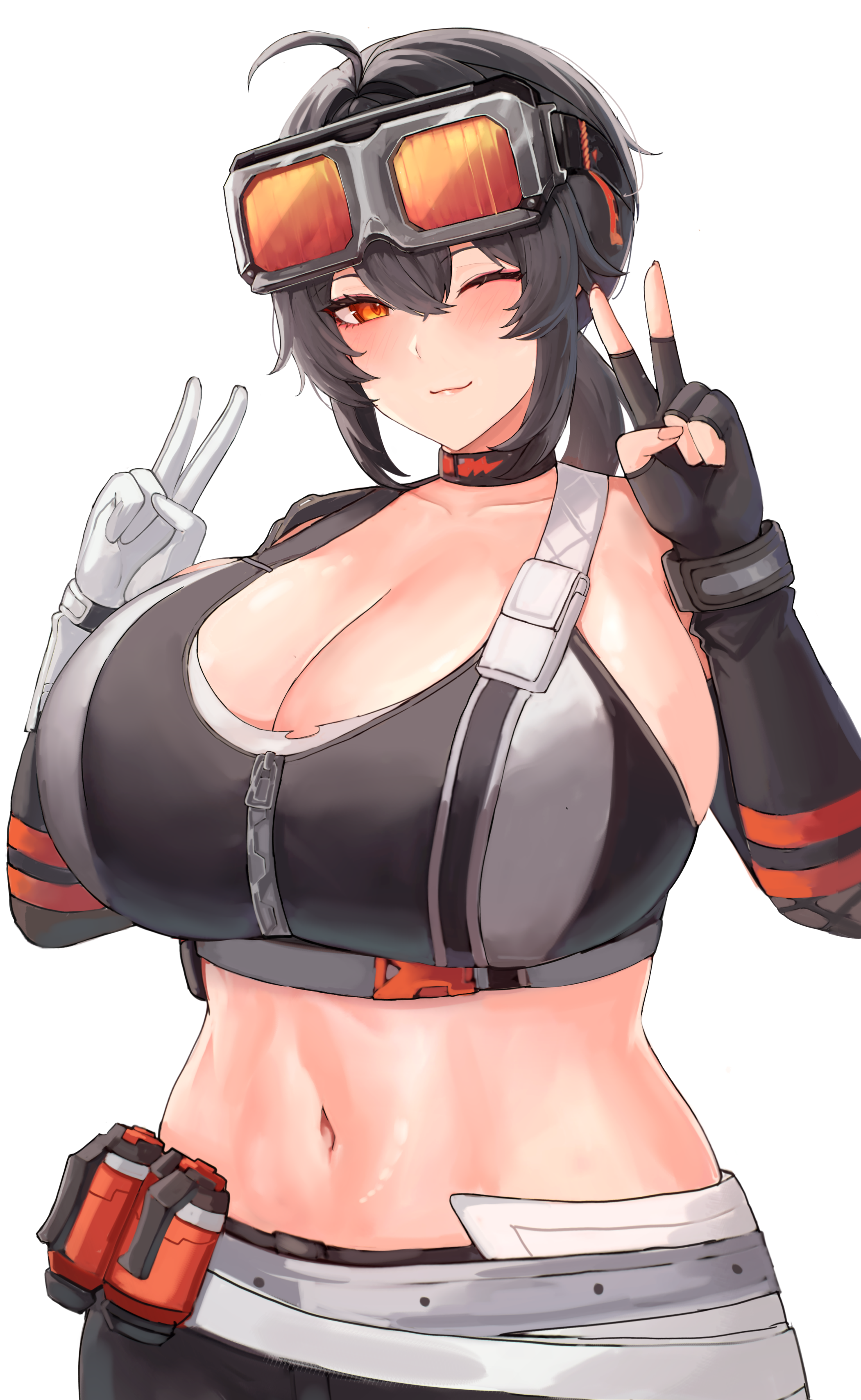 1girls, absurd res, big breasts, goggles, grace howard, hair between eyes, nanasuru4, orange eyes, peace sign, short hair, solo, solo female, solo focus, zenless zone zero
