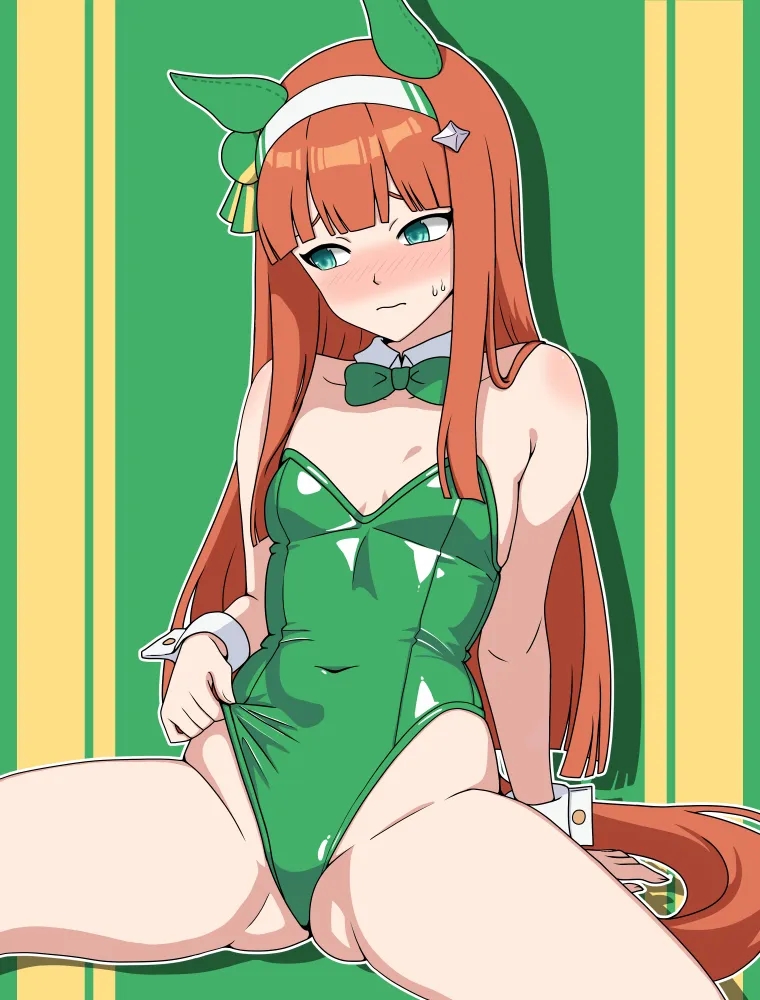 ///, 1girls, 2d, 2d (artwork), 2d artwork, animal ears, animal tail, arm support, ashamed, background, bare arms, bare chest, bare hands, bare hips, bare legs, bare shoulders, bare skin, bare thighs, belly button, blunt bangs, blush face, blush lines, blushing, blushing at viewer, blushing female, blushing lines, bowtie, breasts, bunny costume, bunnygirl, bunnygirl outfit, bunnysuit, collar, collarbone, digital, digital art, digital drawing, digital drawing (artwork), digital media, digital media (artwork), drawing, embarrassed, embarrassed exposed female, embarrassed expression, embarrassed female, embarrassed naked female, embarrassed nude female, eviconstantine, exposed arms, exposed chest, exposed hips, exposed legs, exposed shoulders, exposed skin, exposed thighs, female, female focus, female only, fingers, flushed, flushed cheeks, flushed face, flustered, flustered female, ginger, ginger hair, green background, green bowtie, green bunnysuit, green eyes, green leotard, green topwear, green-eyed female, groin, hairband, head tilt, horse ears, horse girl, horse tail, hourglass figure, inguinal crease, inguinal ligament, lean figure, legs apart, legs spread, leotard, long hair, multicolored background, narrow waist, navel, orange hair, orange hair female, orange-haired female, petite, petite body, petite breasts, petite female, petite girl, petite tits, plain background, portrait, shoulders, silence suzuka (umamusume), sitting, slender body, slender waist, slim female, slim waist, small boobs, small breasts, small tits, solo, spread legs, spreading legs, spreading thighs, tail, thighs, tilted head, tiny breasts, tiny tits, topwear, two-tone background, umamusume, umamusume pretty derby, upper body, white collar, white wrist cuffs, wide hips, wrist cuffs, yellow background