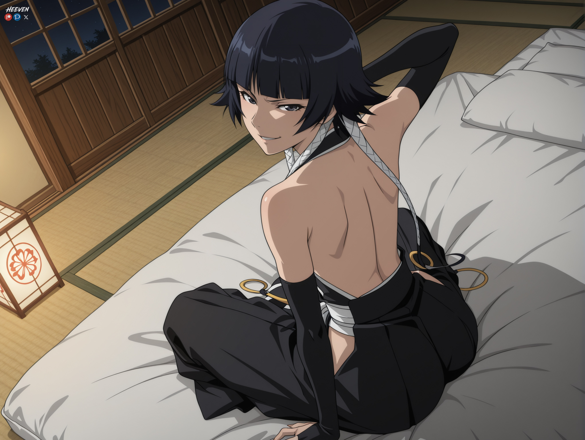 1girls, absurdres, adult, ai assisted, ai generated, back, backless outfit, bangs, bare back, bare shoulders, big breasts, black eyes, black hair, black hakama, bleach, bleach: sennen kessen-hen, bleach: the thousand-year blood war, blunt bangs, breasts, female, from behind, futon, gloves, hakama, heeven, highres, indoors, japanese clothes, looking at viewer, looking back, male, mature, night, on bed, patreon, patreon logo, patreon username, perfect body, pillow, sensitive, short hair, short hair with long locks, sitting, sliding doors, smile, soifon, solo, sui-feng, tatami, uncensored