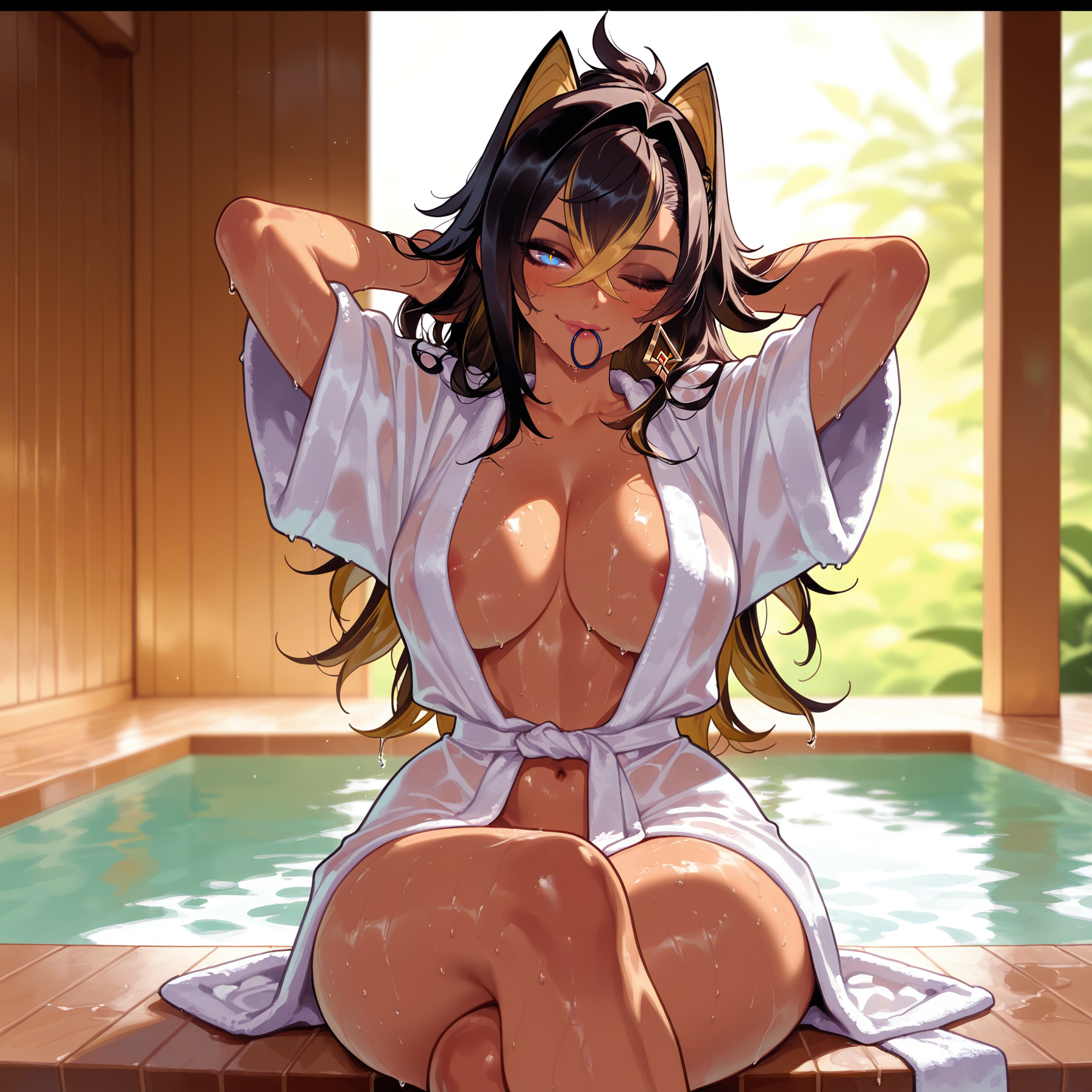 1girl, 1girls, adjusting hair, ai generated, animal ears, areola slip, arms behind head, arms up, balecxi, bathing, bathrobe, black hair, blonde hair, blue eyes, blush, breasts, cleavage, closed mouth, clothing, collarbone, colored tips, crossed bangs, crossed legs, curvaceous, curvaceous female, curvaceous figure, curvy, curvy figure, dangle earrings, dark skin, dark-skinned female, dehya (genshin impact), dripping, earrings, feet out of frame, female, female focus, genshin impact, hair between eyes, hair ears, hair intakes, hair tie, hair tie in mouth, hoyoverse, inviting, inviting to sex, japanese clothes, jewelry, large breasts, lips, long hair, looking at viewer, makeup, mihoyo, mouth hold, multicolored hair, naked kimono, navel, nipple slip, one eye closed, onsen, open robe, presenting, presenting ass, presenting breasts, presenting hindquarters, presenting pussy, presenting self, robe, seductive, seductive look, seductive smile, see-through, short sleeves, single earring, sitting, smile, solo, steam, stomach, streaked hair, thick thighs, thighs, two-tone hair, tying hair, voluptuous, voluptuous female, water, wet, wet clothes, wet hair, white robe, wide sleeves, wooden floor, yellow pupils