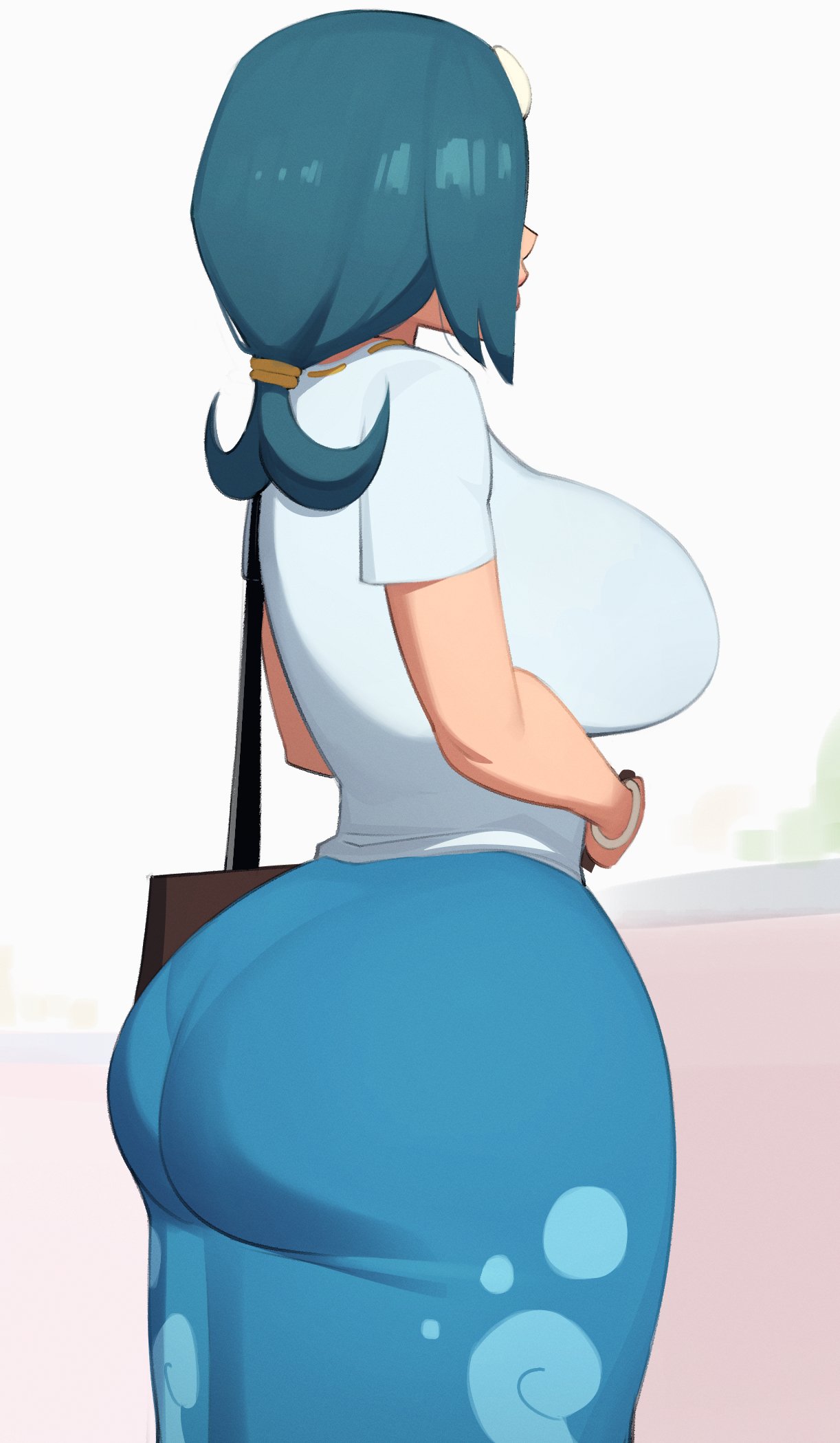1girls 2d 2d_artwork ass ass_focus bag blue_hair blue_skirt breasts digital_drawing_(artwork) digital_media_(artwork) dress from_side game_freak high_resolution highres huge_ass impossible_clothes impossible_dress lana's_mother_(pokemon) large_breasts light-skinned_female lips mature mature_woman medium_hair milf mother nintendo older_female older_woman pokemon pokemon_sm shoulder_bag sideboob solo solo_female solo_focus split_ponytail standing thick_ass tight_clothing tight_dress vehn white_background white_shirt