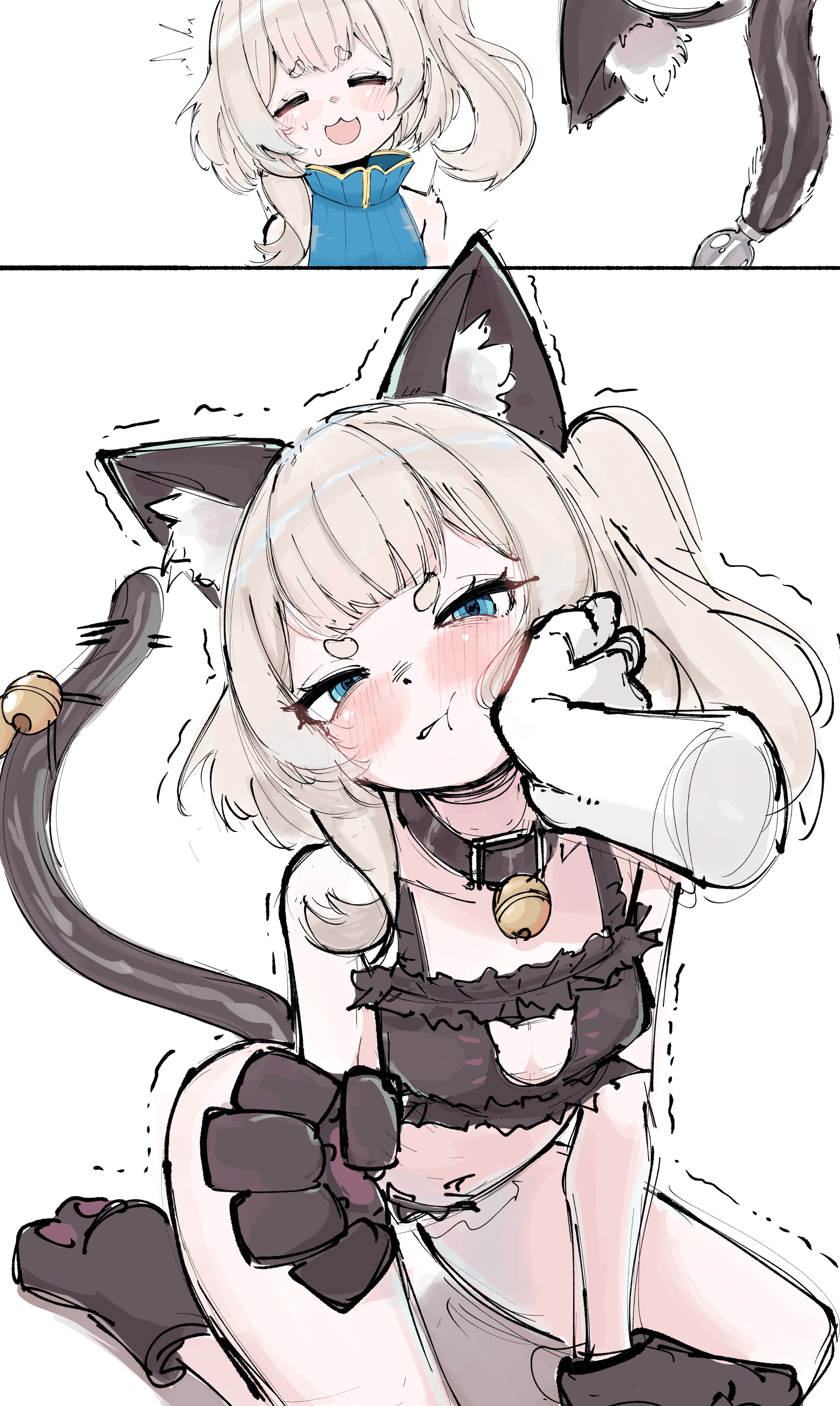 1girl, 1girls, 1other, absurdres, anal, anal beads, anal tail, animal hands, bell, black bra, black collar, blonde hair, blue dress, blue eyes, blush, bra, breasts, butt plug, buttplug, cat cutout, cat lingerie, cleavage cutout, clothing cutout, collar, commentary, dress, embarrassed, english commentary, fake tail, female, froq, froq art, gloves, highres, looking at viewer, marimari en, navel, neck bell, open mouth, paw gloves, phase connect, sex toy, short eyebrows, side ponytail, small breasts, tail, thighs, underwear, virtual youtuber, vtuber