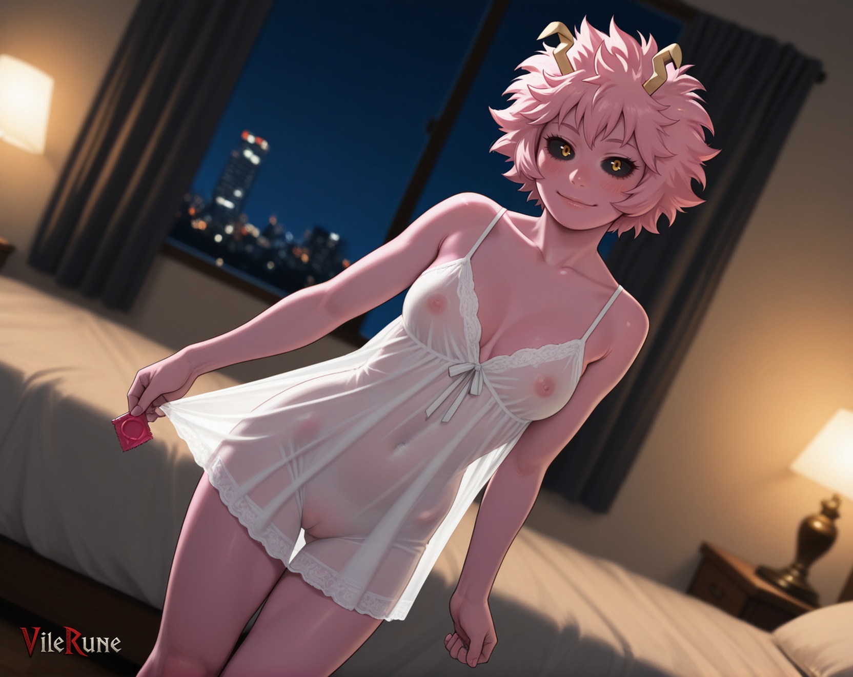 ai generated, ashido mina, blush, boku no hero academia, condom wrapper, dutch angle, holding condom, my hero academia, night, nightgown, pink hair, pink skin, pussy, seductive, see-through clothing, vilerune