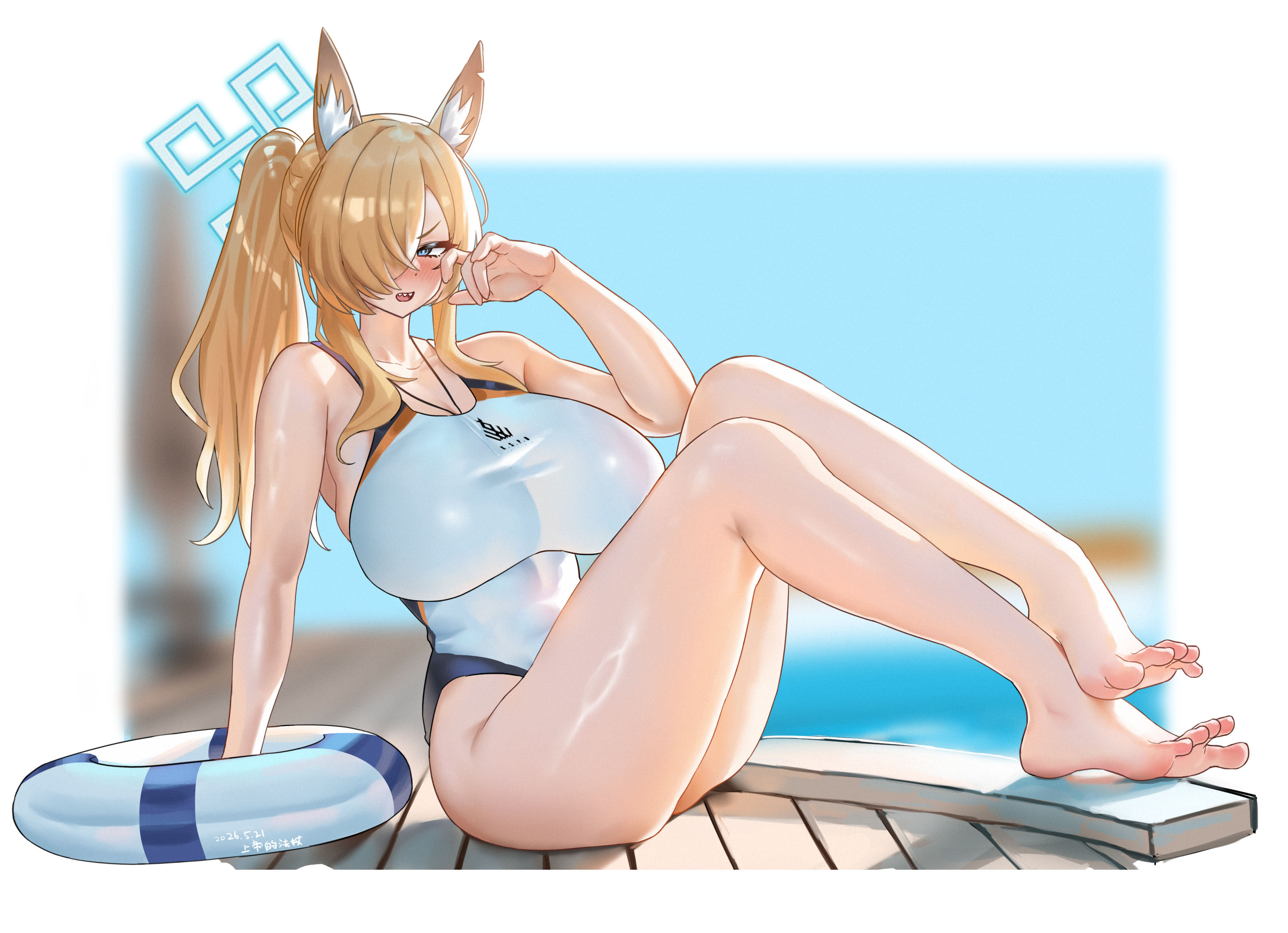 animal ears, big ass, big breasts, blonde hair, blue archive, blush, halo, inner tube, kanna (blue archive), kanna (swimsuit) (blue archive), shangdi de fa zhang, solo, solo female, swimsuit